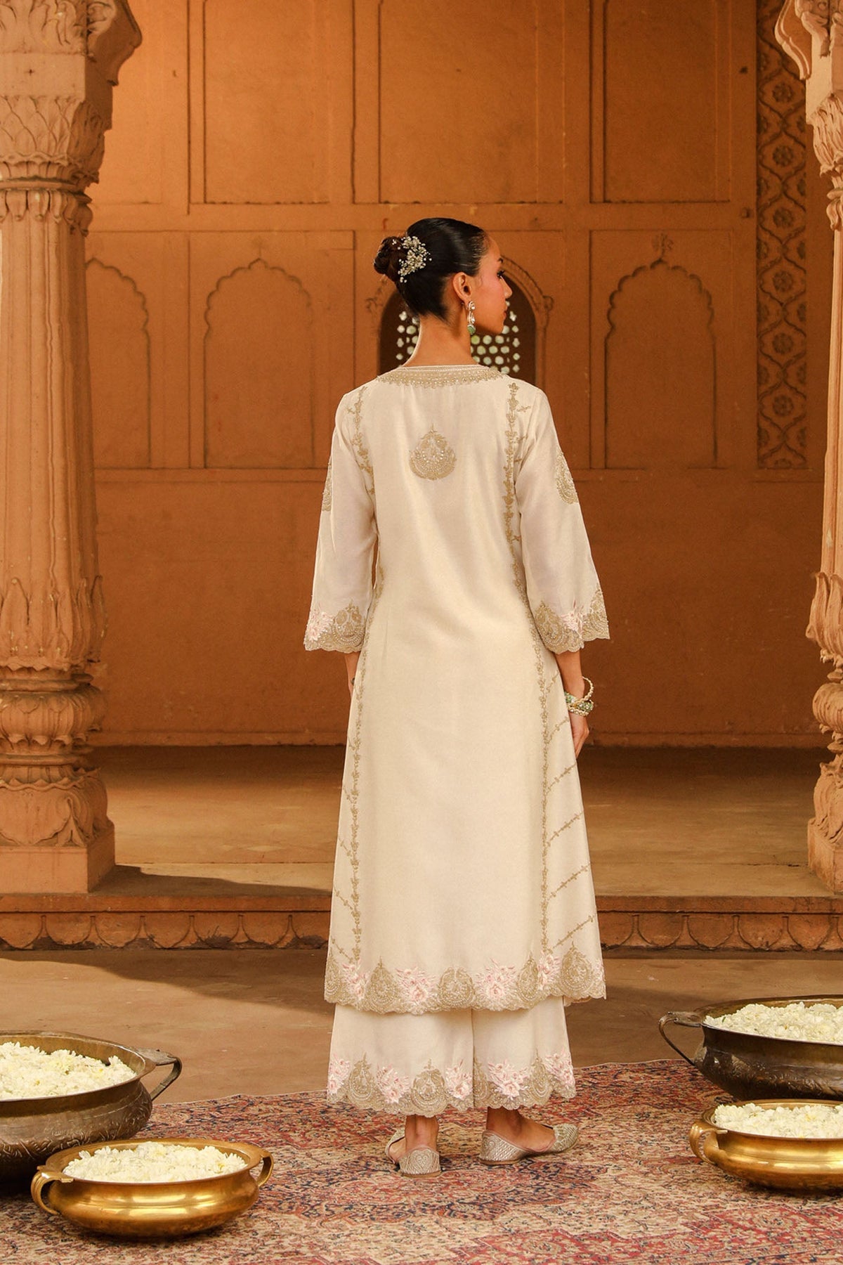 Yusra - Daisy Ivory Long kurta with palazzo and dupatta