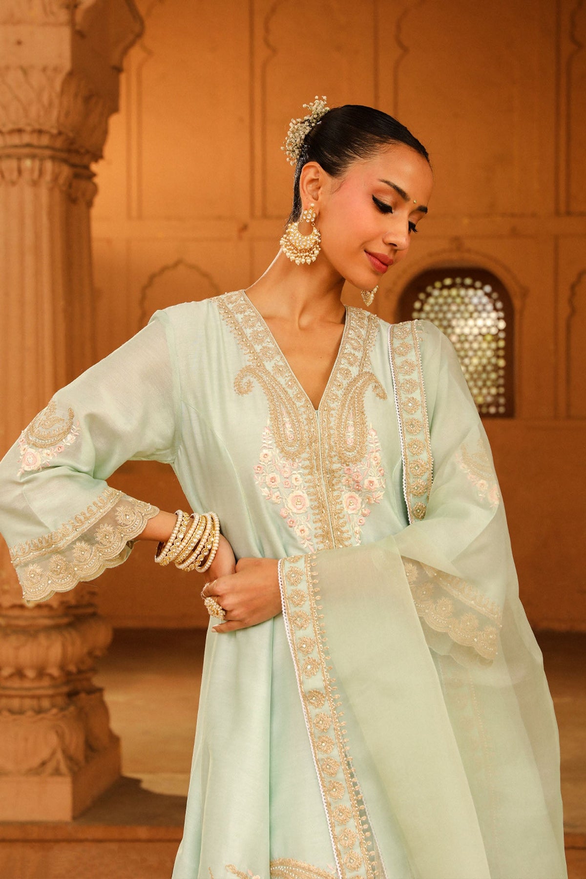 Tina Kakkar In Fajr - Misty Green Short Anarkali with Chooridaar and Dupatta