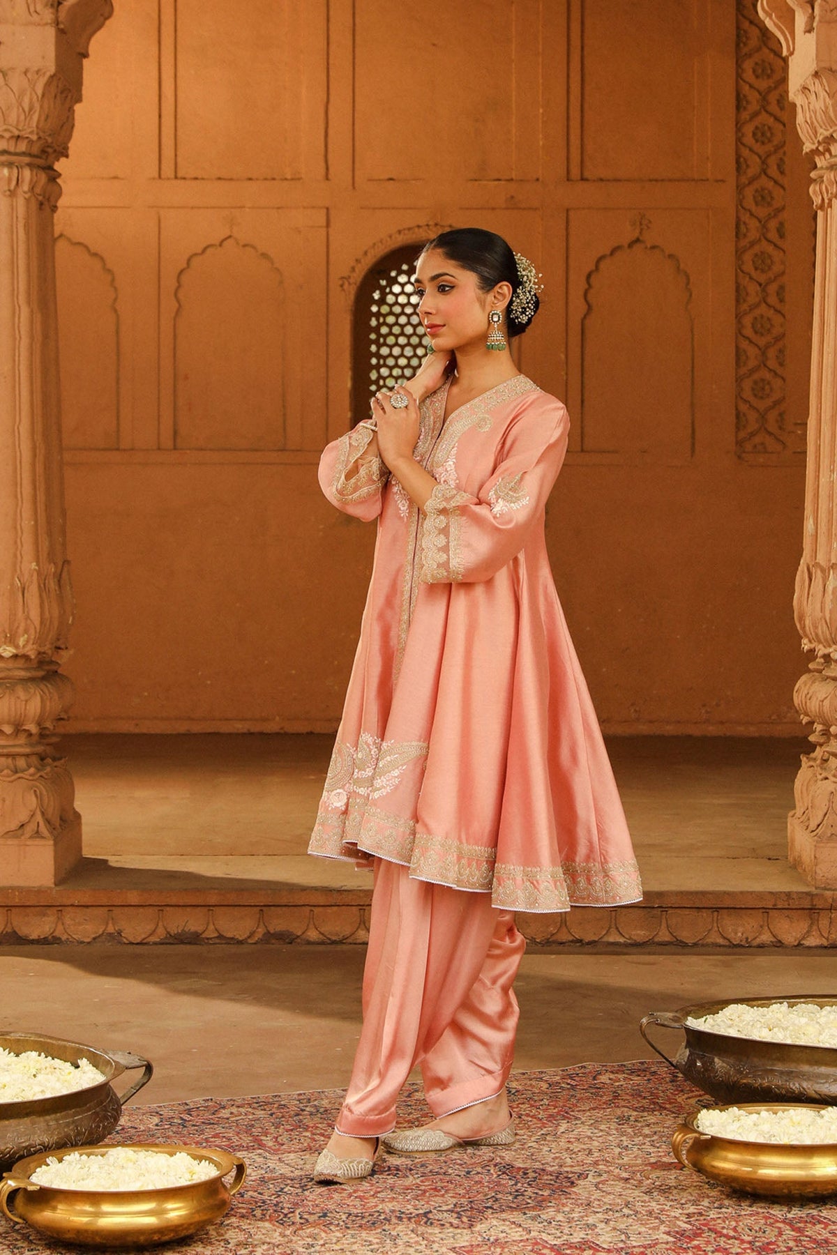 Fajr - Off Rose Short Anarkali with Chooridaar and Dupatta