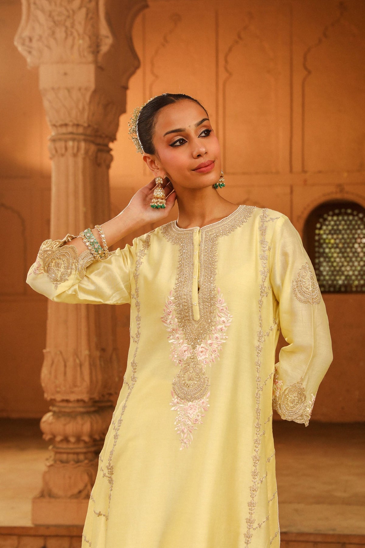 Yusra - Lemon Yellow Long kurta with palazzo and dupatta (Lxrts)