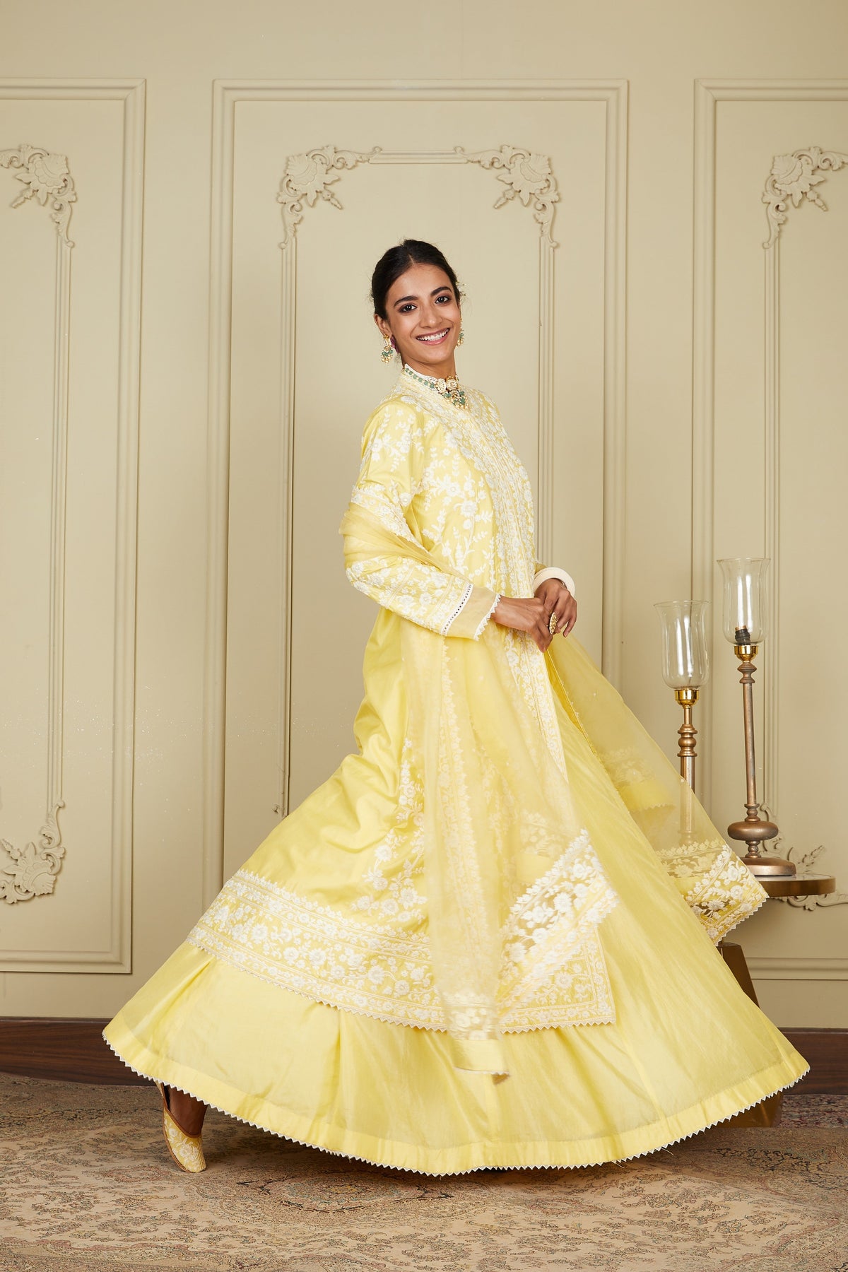 Zahria - Lemon Yellow Jacket, lehenga with blouse and dupatta