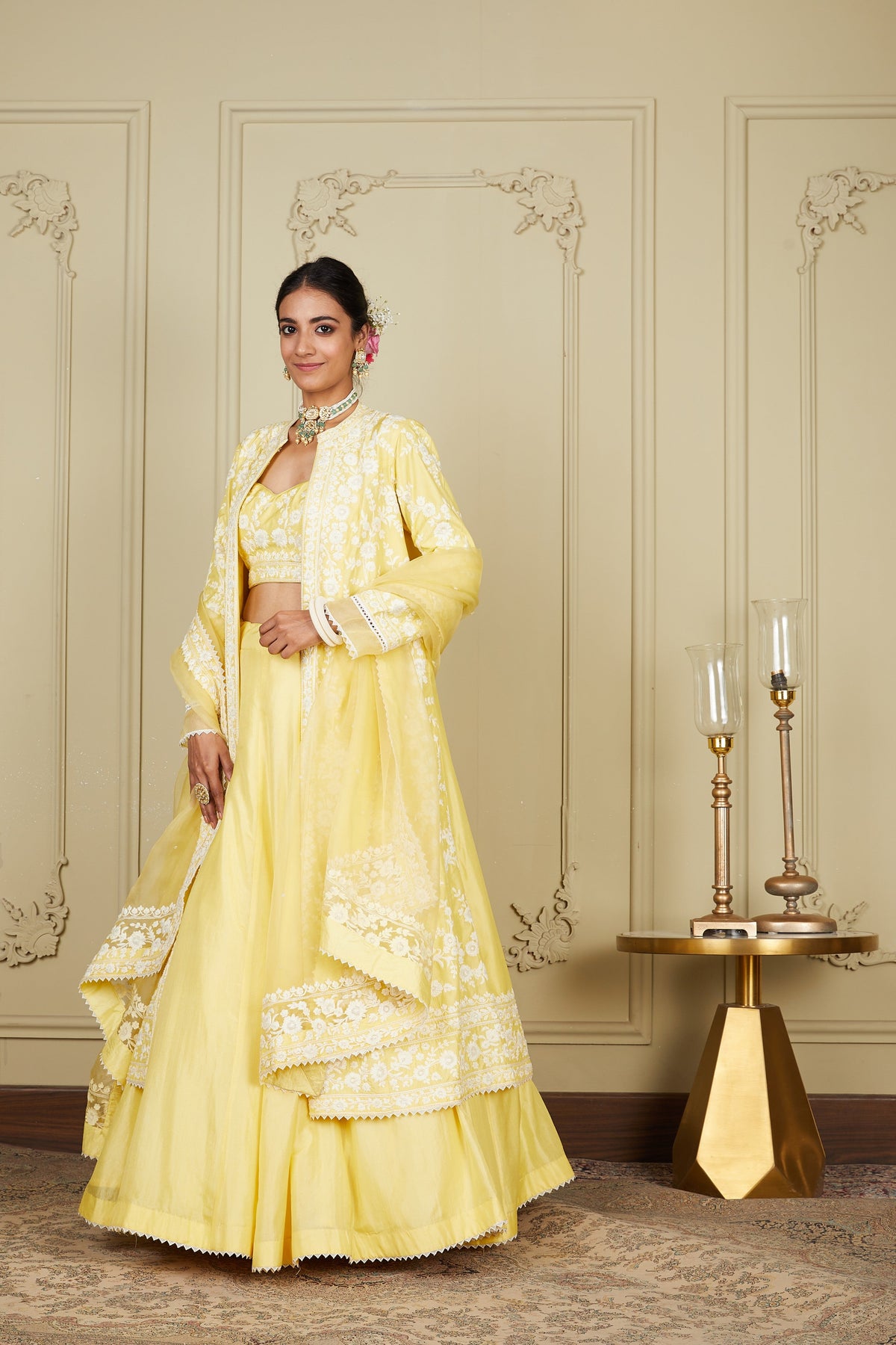 Zahria - Lemon Yellow Jacket, lehenga with blouse and dupatta