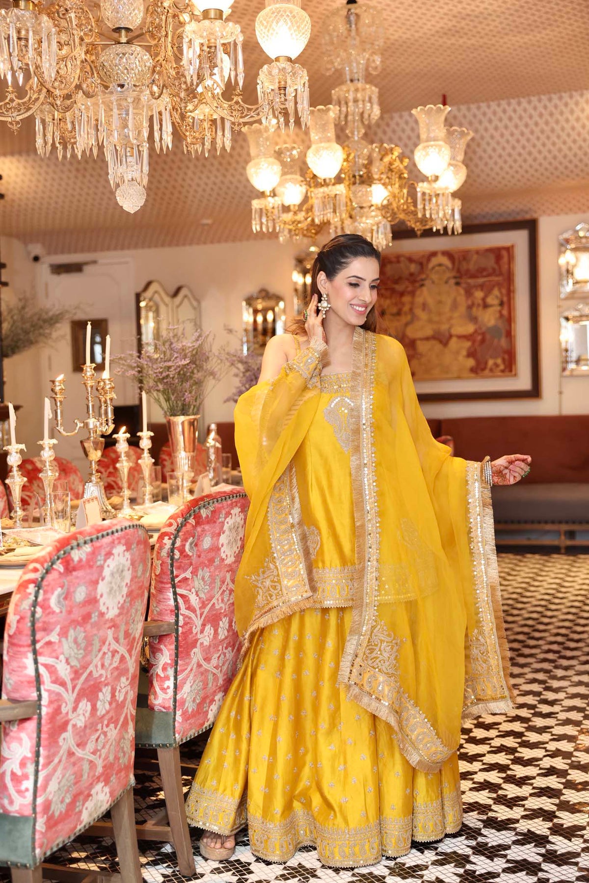 Shruti Juneja In AABROO - Glaze Mustard SHORT KURTA WITH SHARARA AND DUPATTA