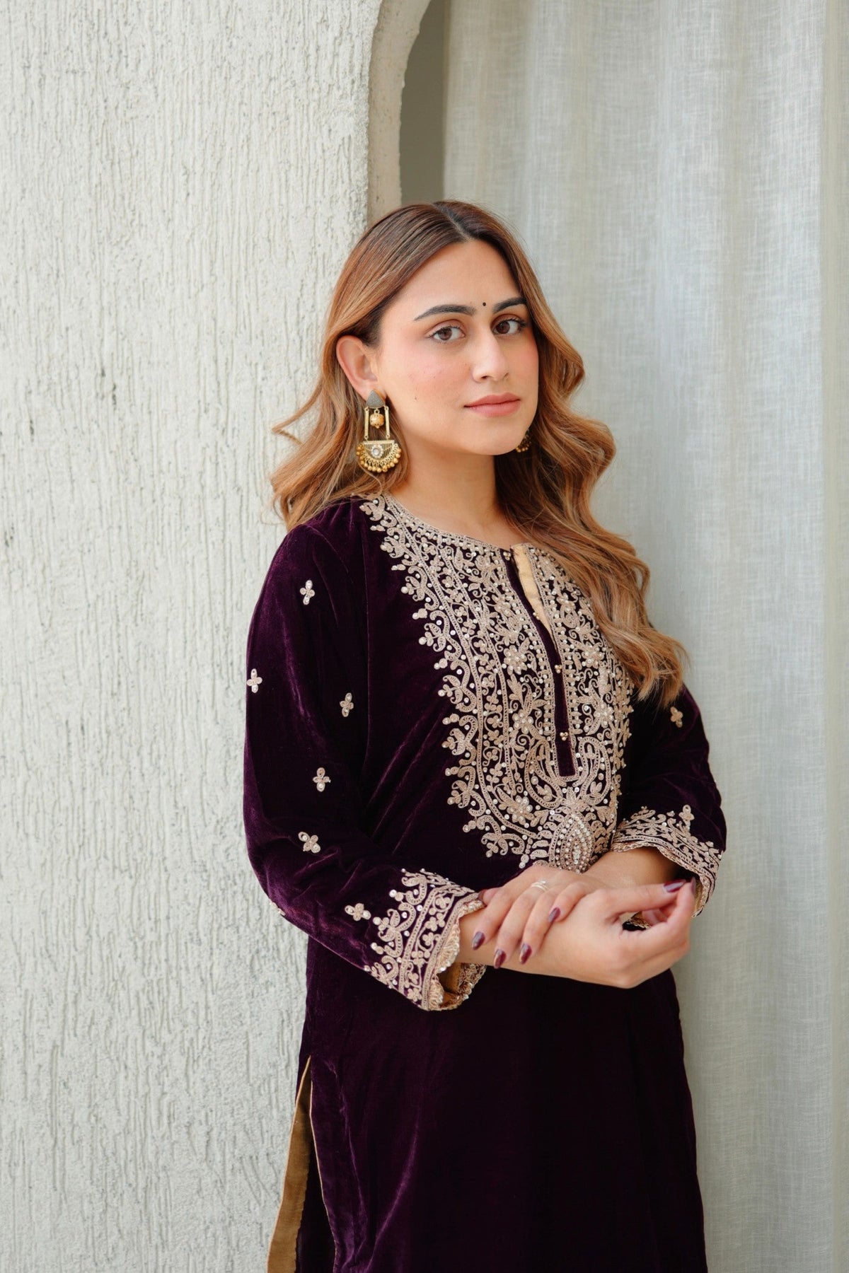 Naima -Wine Silk Velvet Short Kurta with Salwar