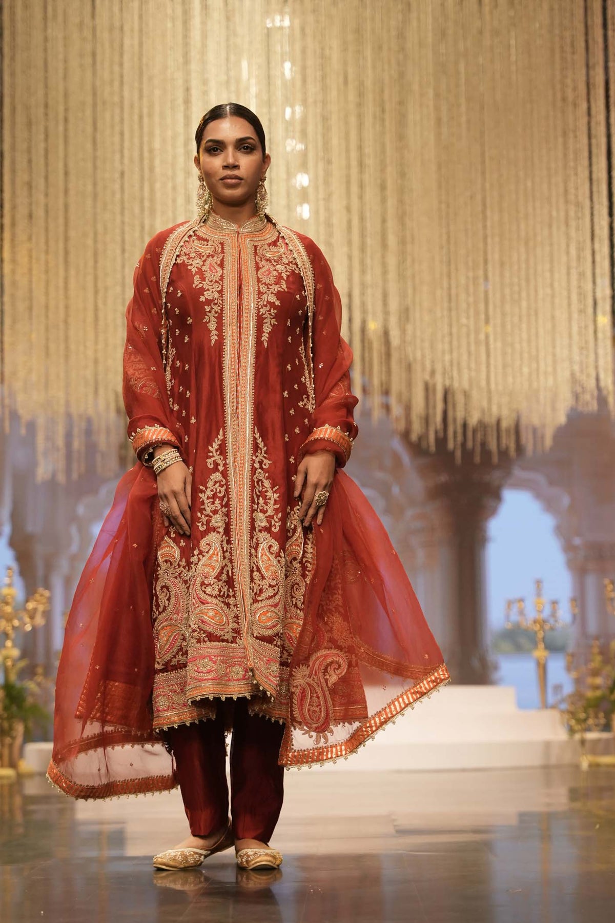 Minara - Deep Red Long A-line Jacket with Pant