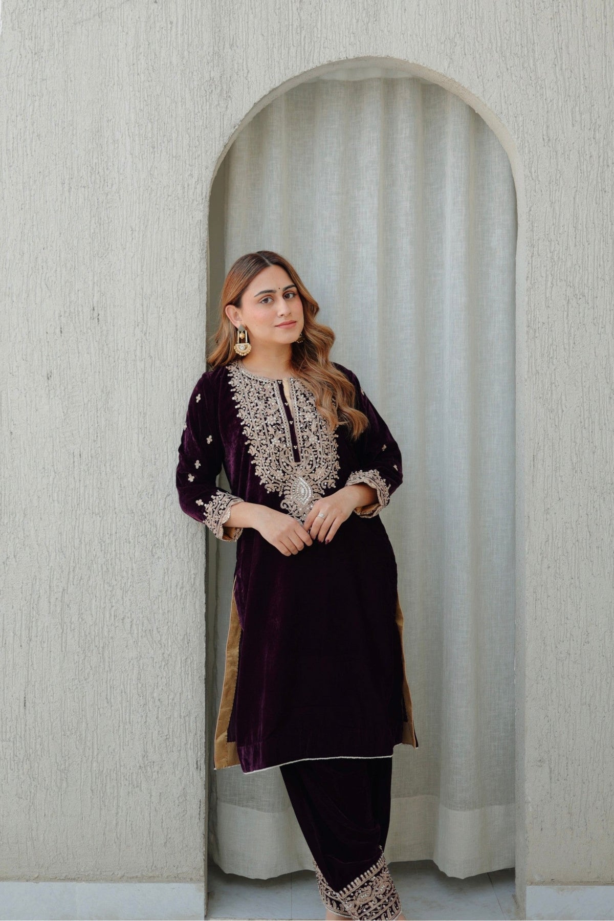 Naima -Wine Silk Velvet Short Kurta with Salwar