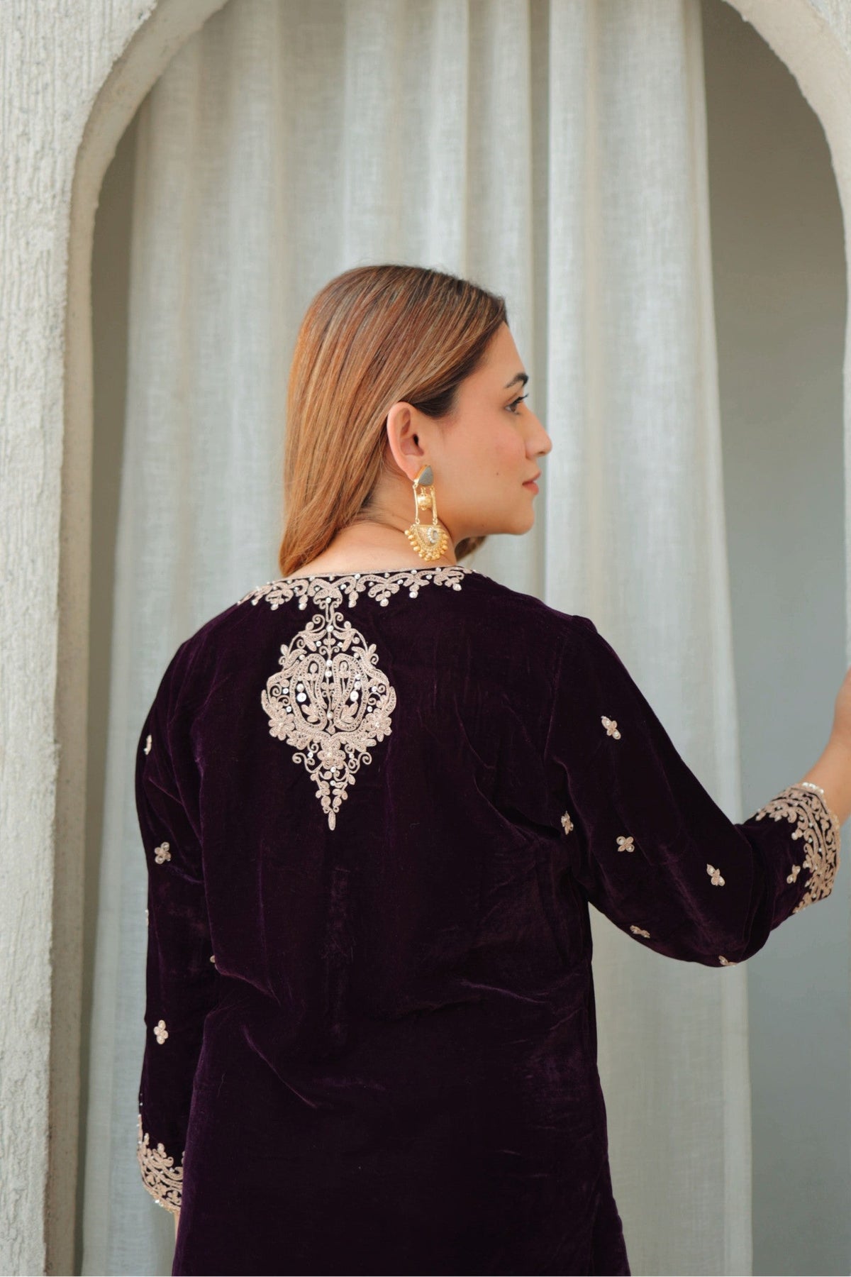 Naima -Wine Silk Velvet Short Kurta with Salwar