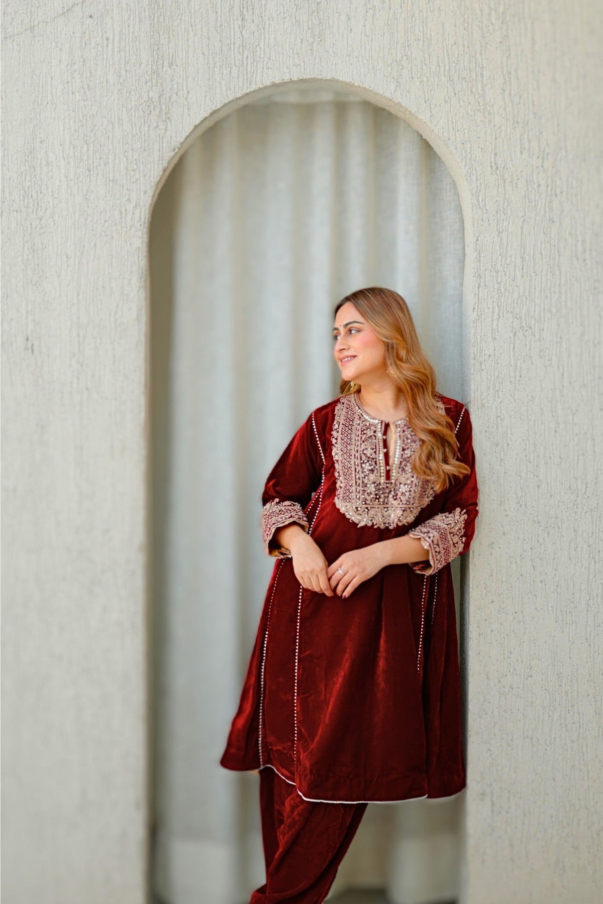 Nisreen - Maroon Silk Velvet Short Kalidaar Chauga with Salwar