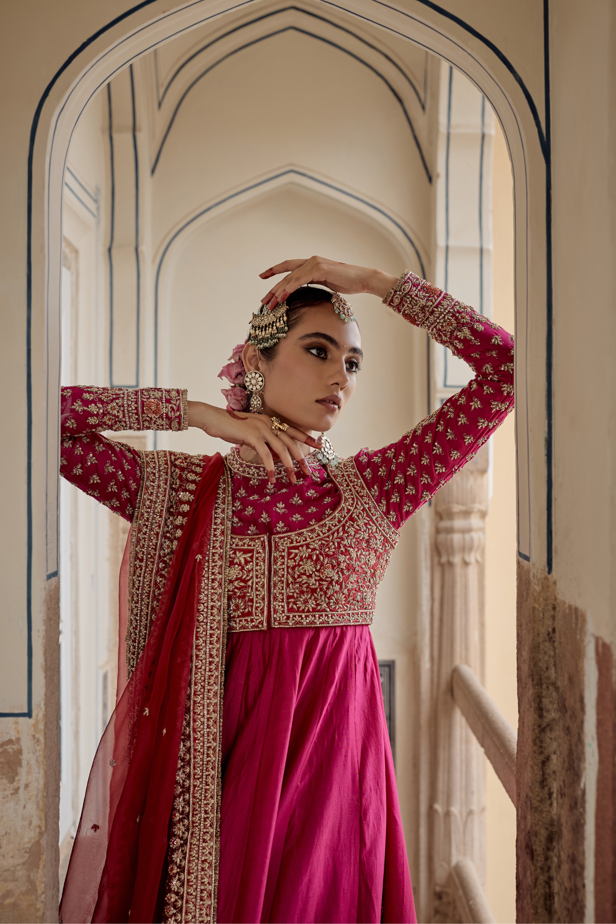 Noor - Dabka Zardozi Embroidered Chanderi Silk Rani Hotpink Anarkali Set