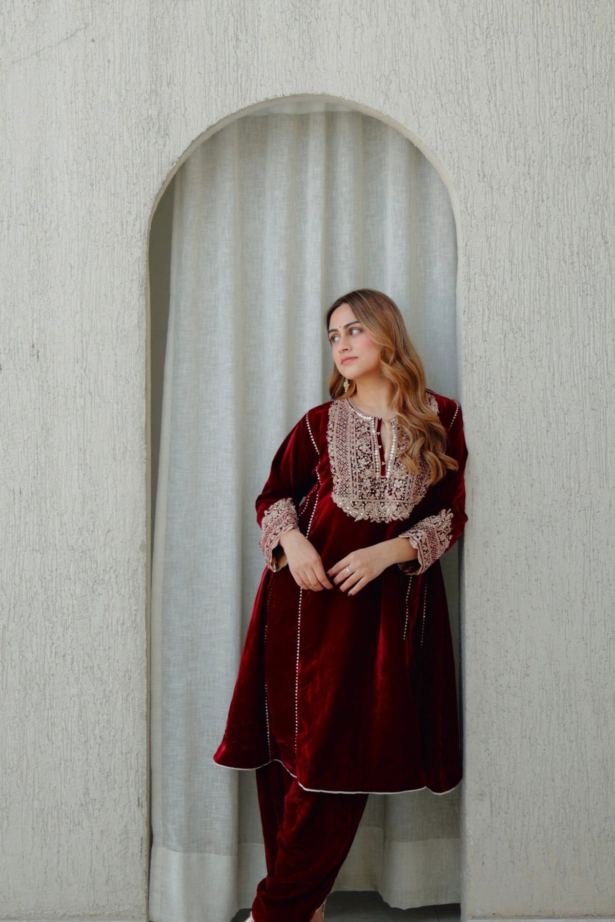 Nisreen - Maroon Silk Velvet Short Kalidaar Chauga with Salwar
