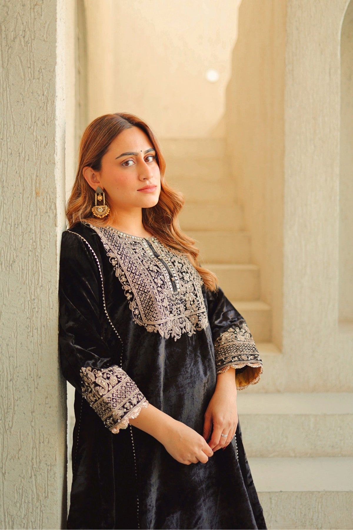 Nisreen - Black Silk Velvet Short Kalidaar Chauga with Salwar