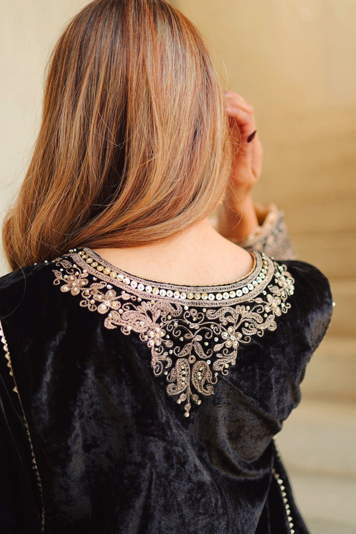 Nisreen - Black Silk Velvet Short Kalidaar Chauga with Salwar