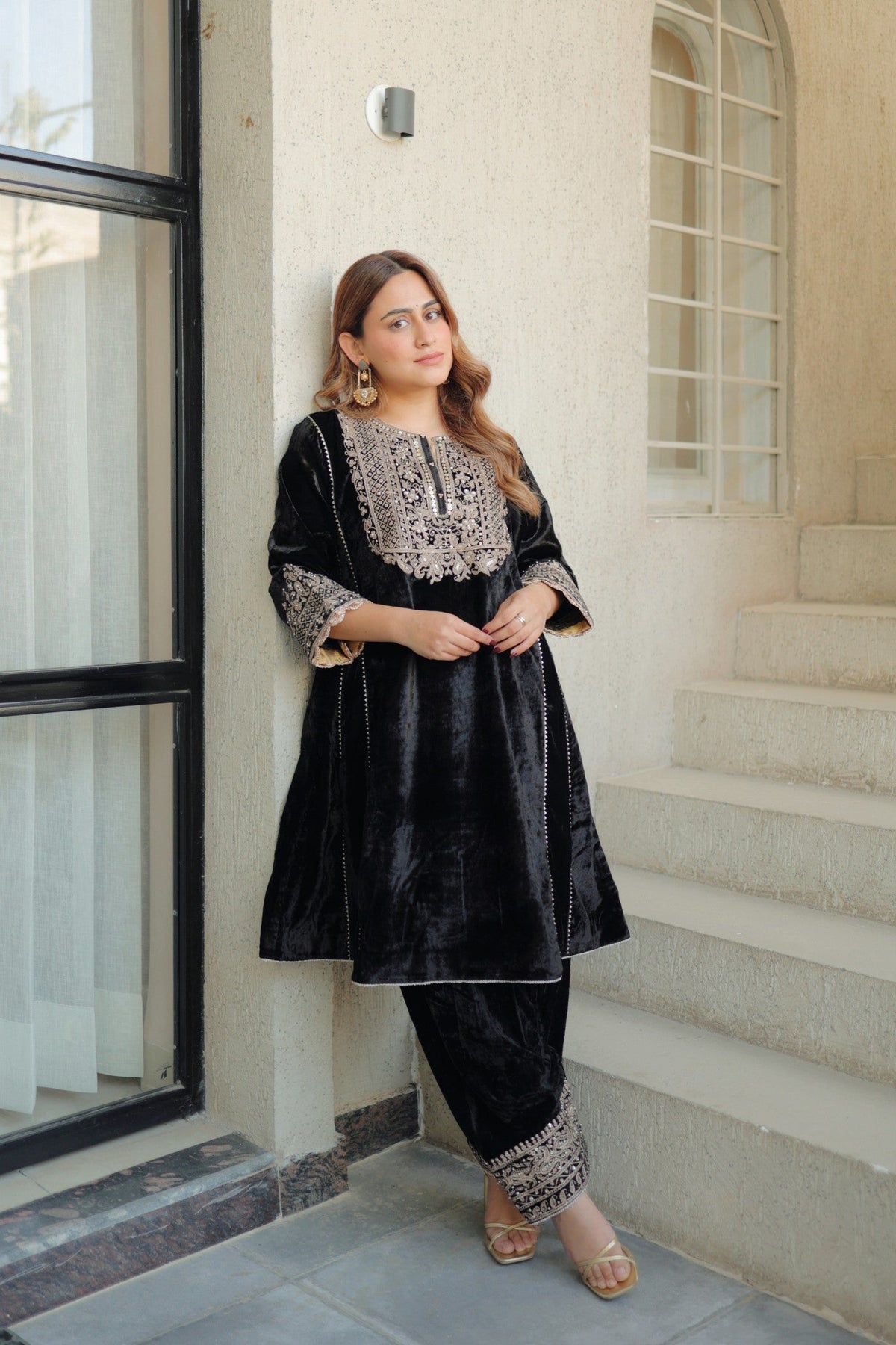 Nisreen - Black Silk Velvet Short Kalidaar Chauga with Salwar