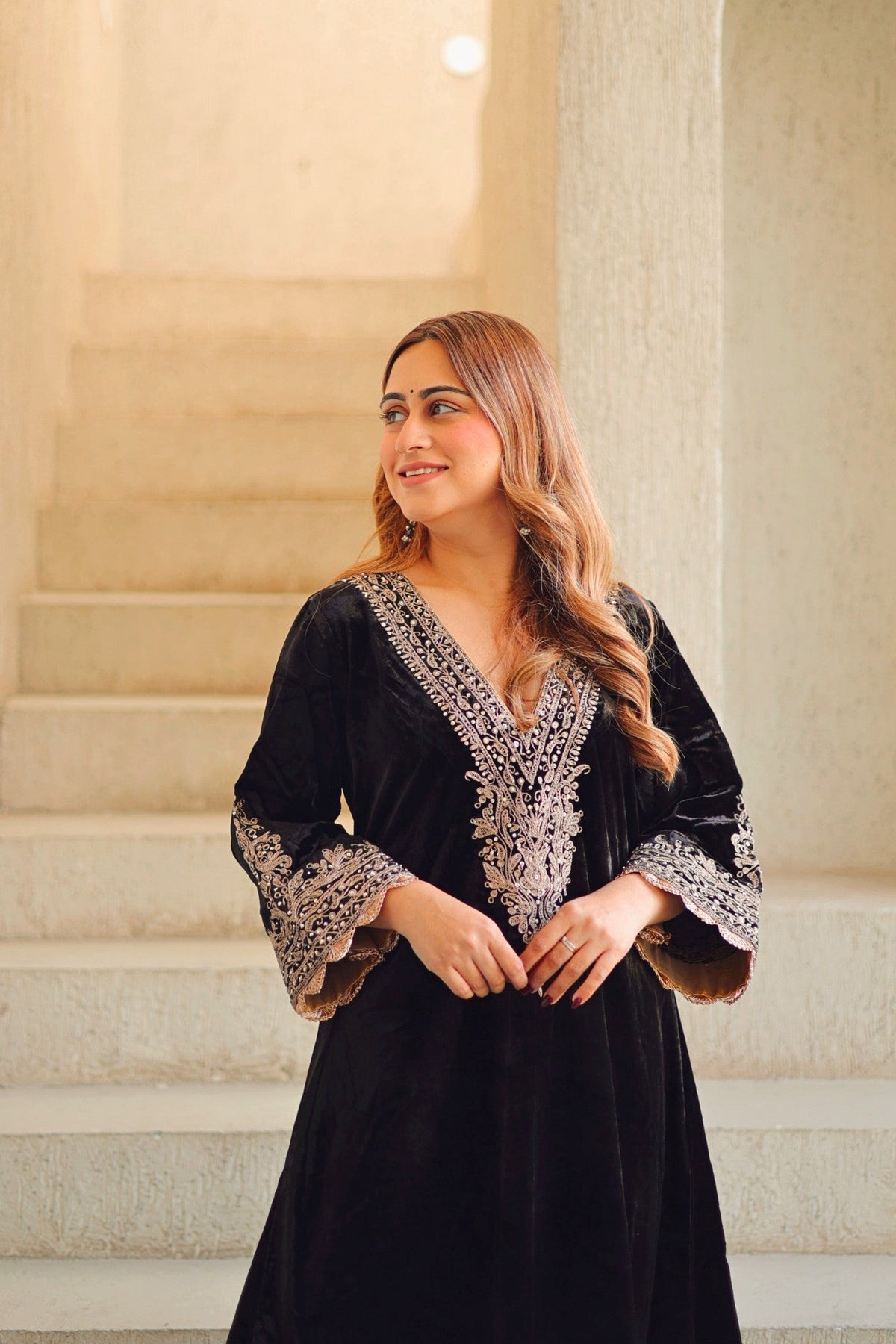 Rasha - Black Silk Velvet Long A-line Chauga with Salwar