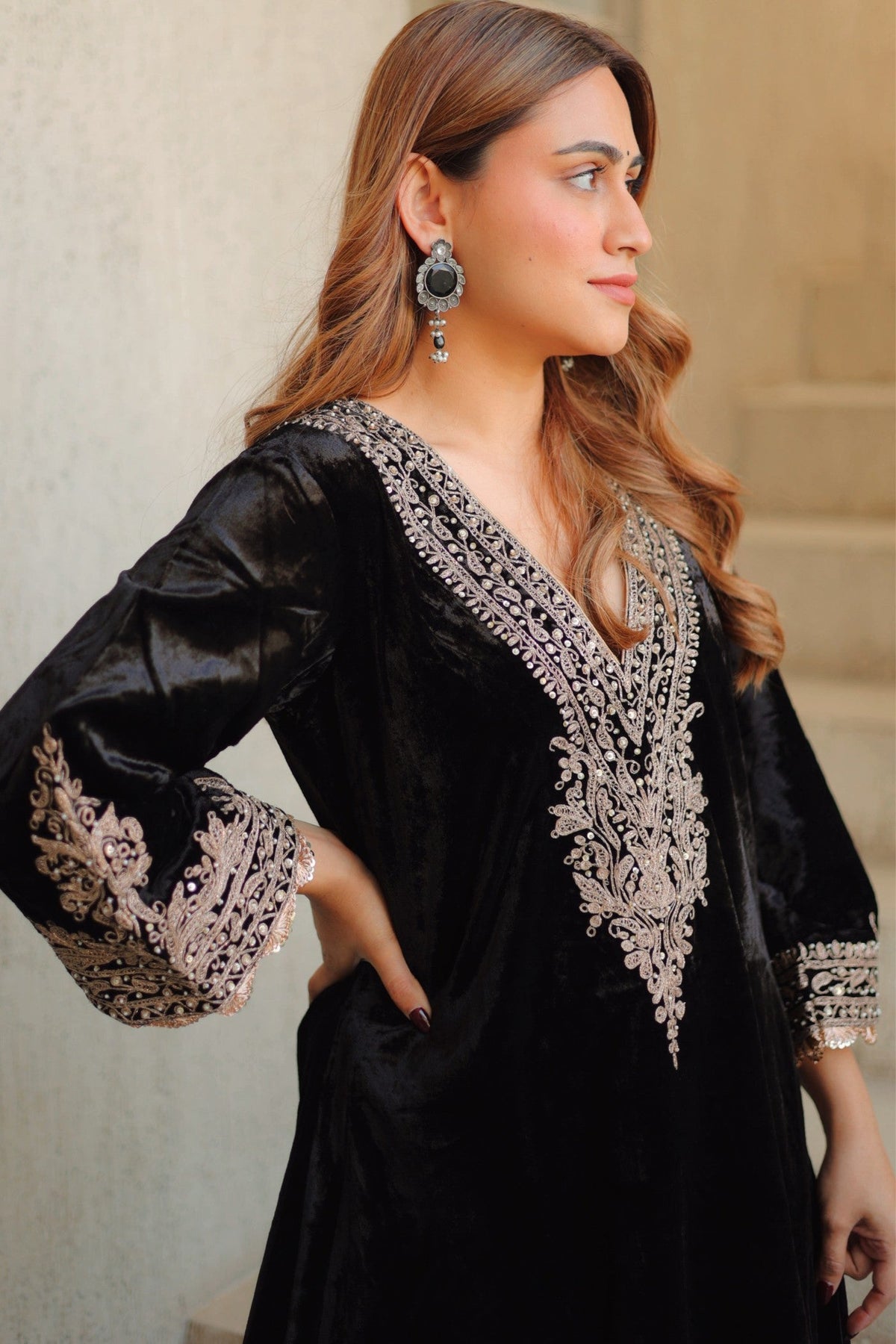 Rasha - Black Silk Velvet Long A-line Chauga with Salwar