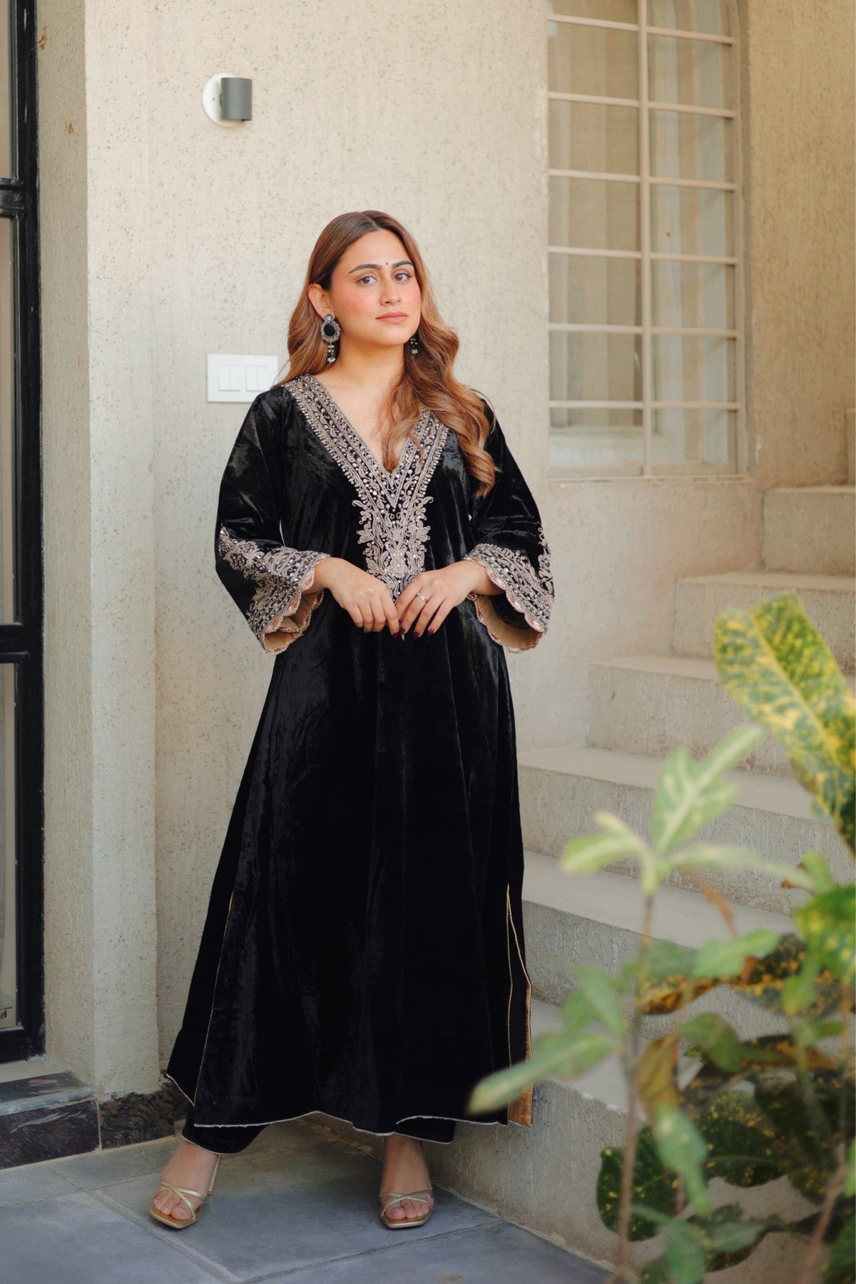 Rasha - Black Silk Velvet Long A-line Chauga with Salwar
