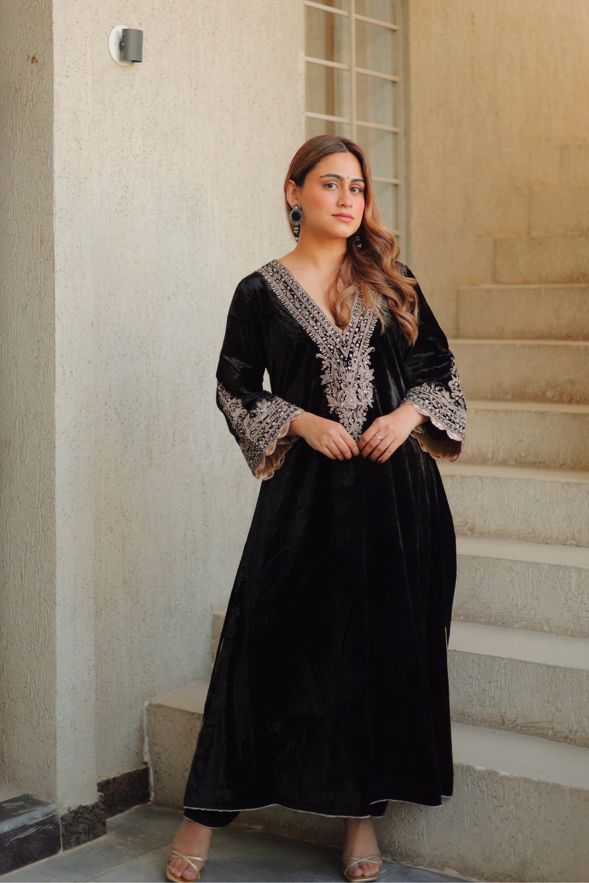 Rasha - Black Silk Velvet Long A-line Chauga with Salwar