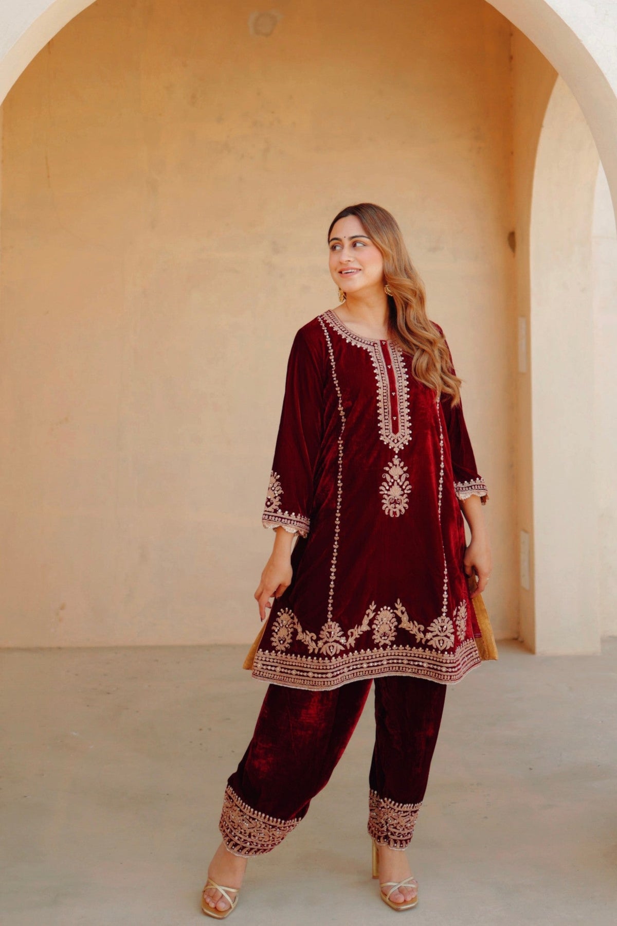 Asiyah - Maroon Silk Velvet Short Kurta with Salwar