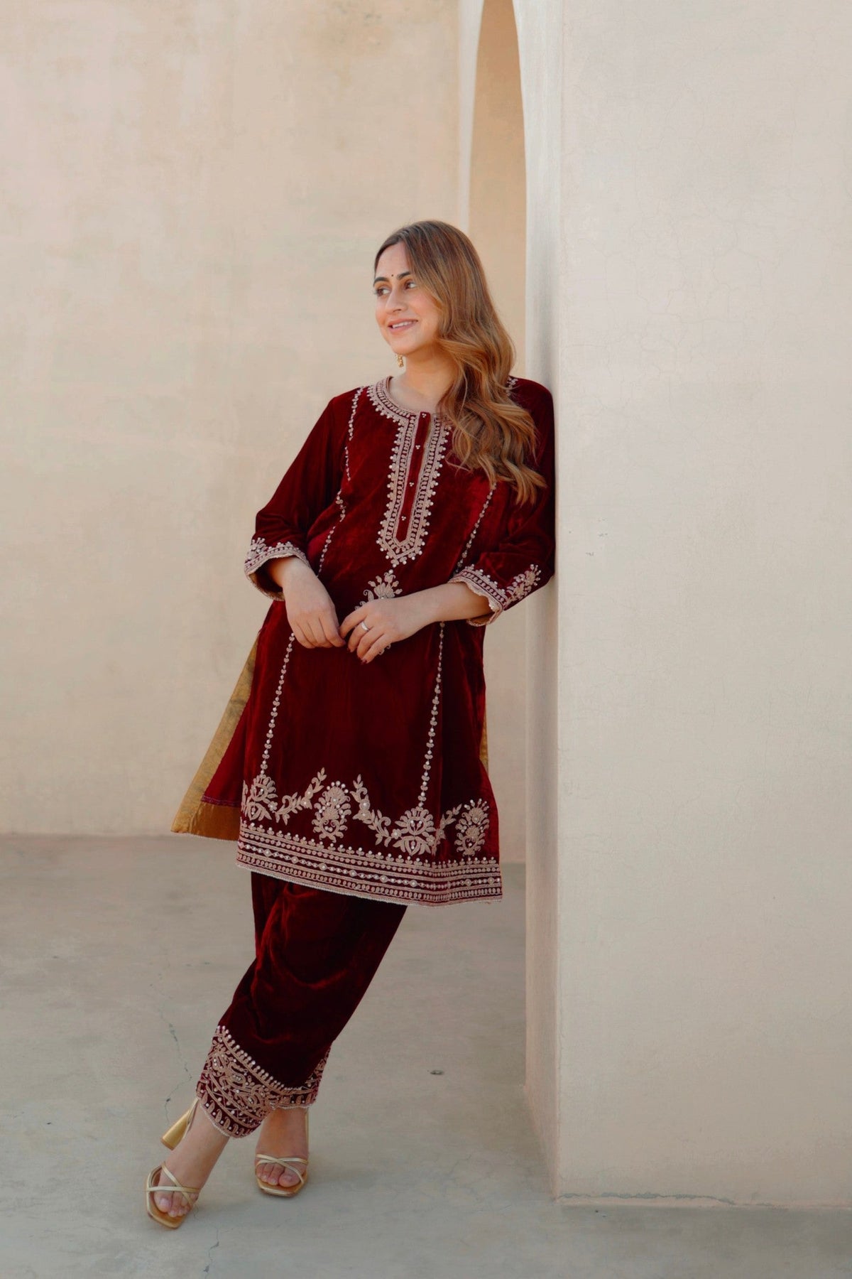 Asiyah - Maroon Silk Velvet Short Kurta with Salwar