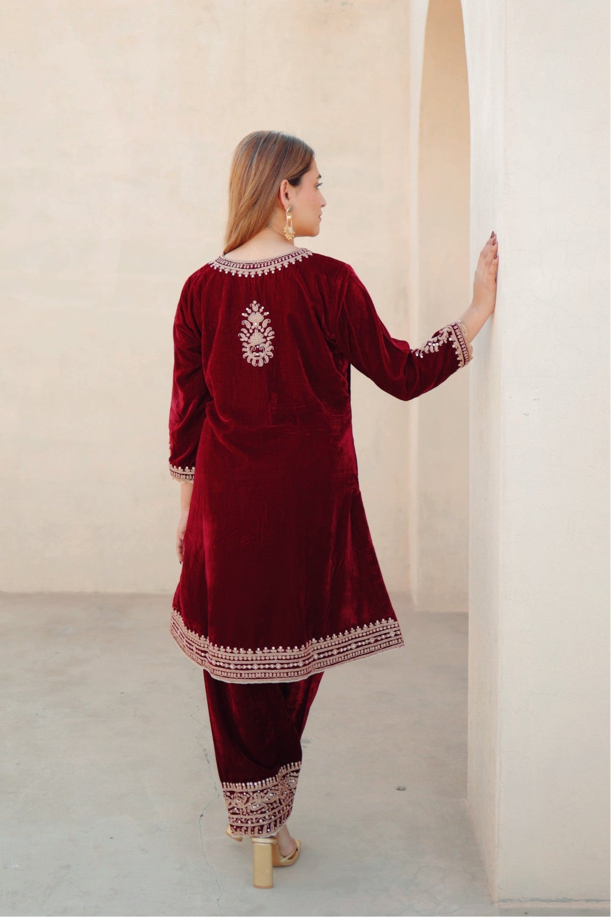 Asiyah - Maroon Silk Velvet Short Kurta with Salwar