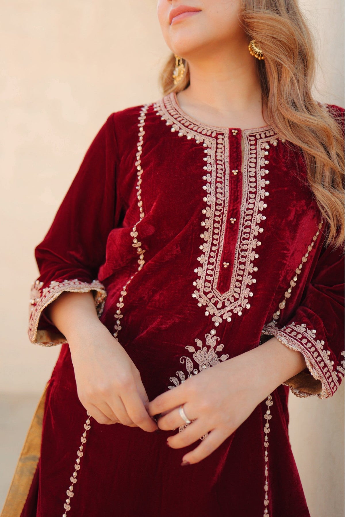 Asiyah - Maroon Silk Velvet Short Kurta with Salwar