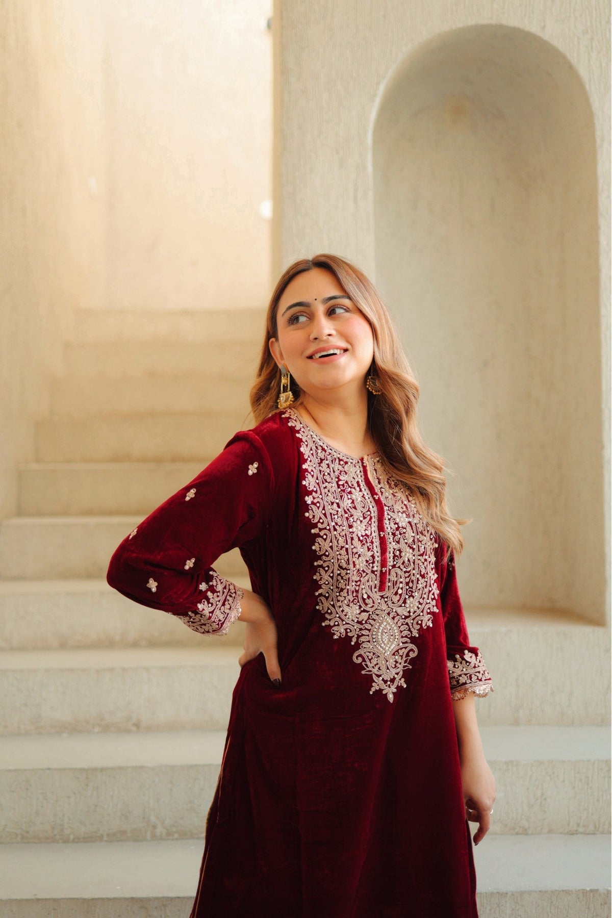 Naima - Maroon Silk Velvet Short Kurta with Salwar