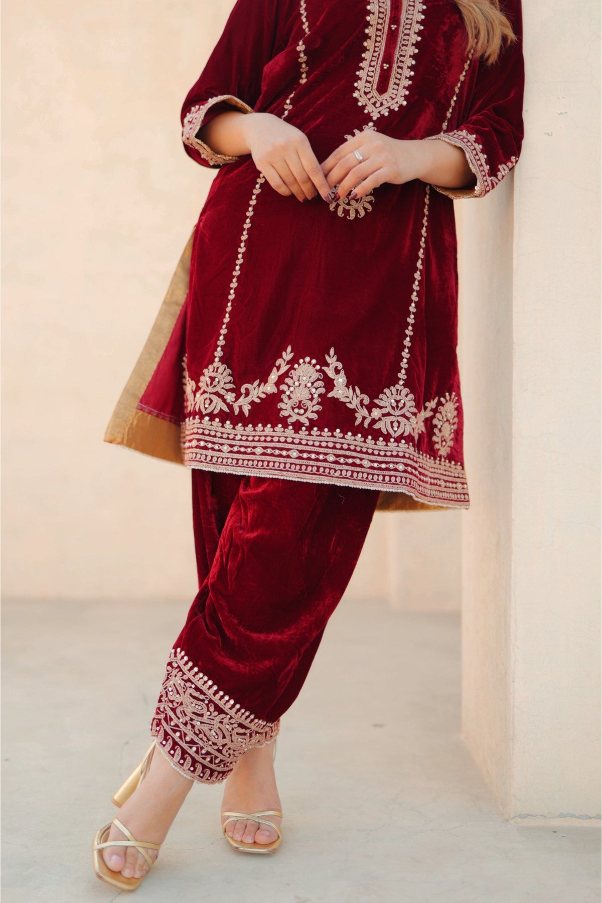 Asiyah - Maroon Silk Velvet Short Kurta with Salwar