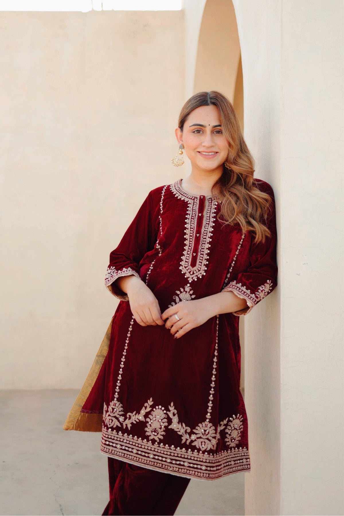 Asiyah - Maroon Silk Velvet Short Kurta with Salwar