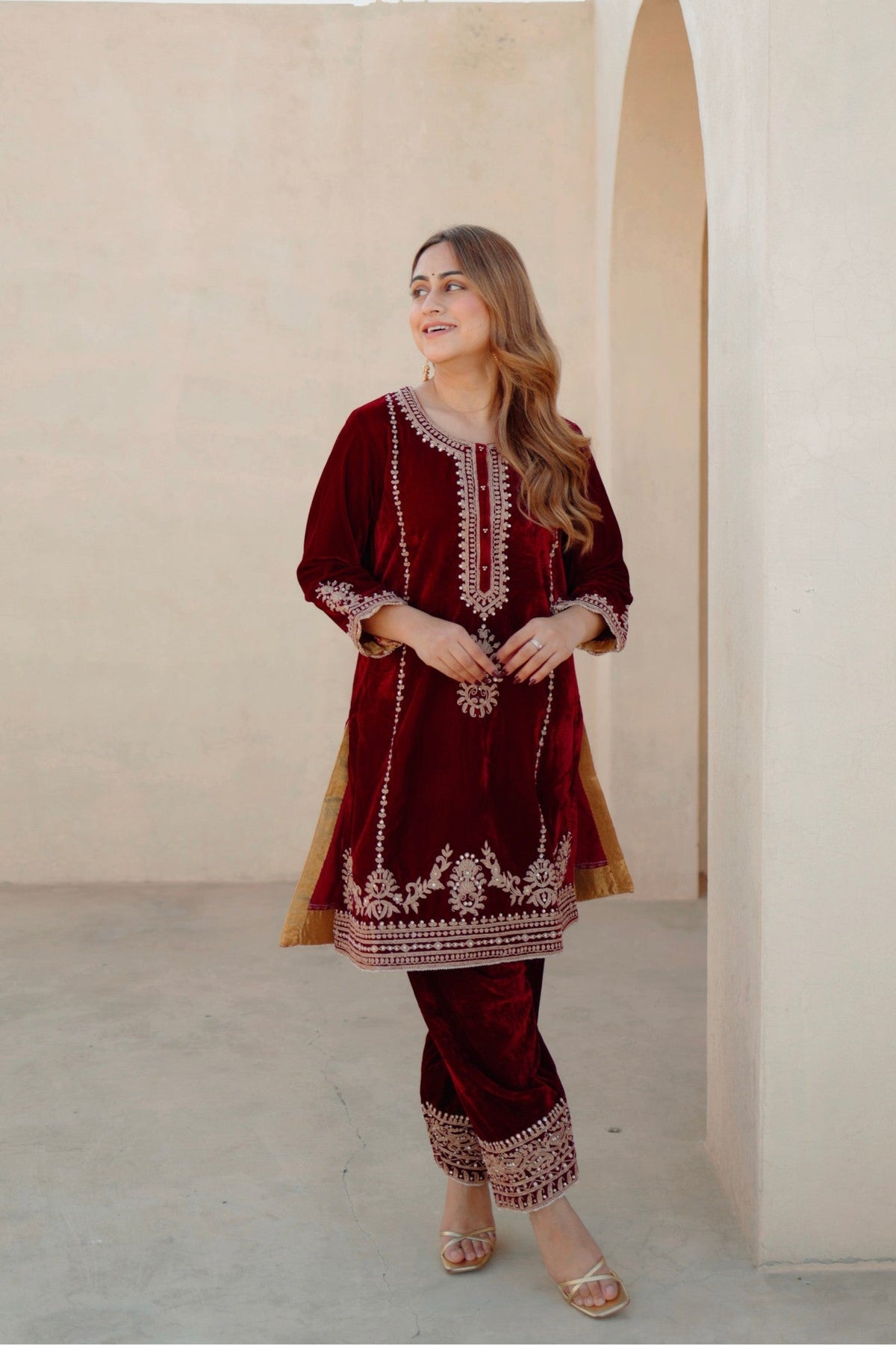 Asiyah - Maroon Silk Velvet Short Kurta with Salwar