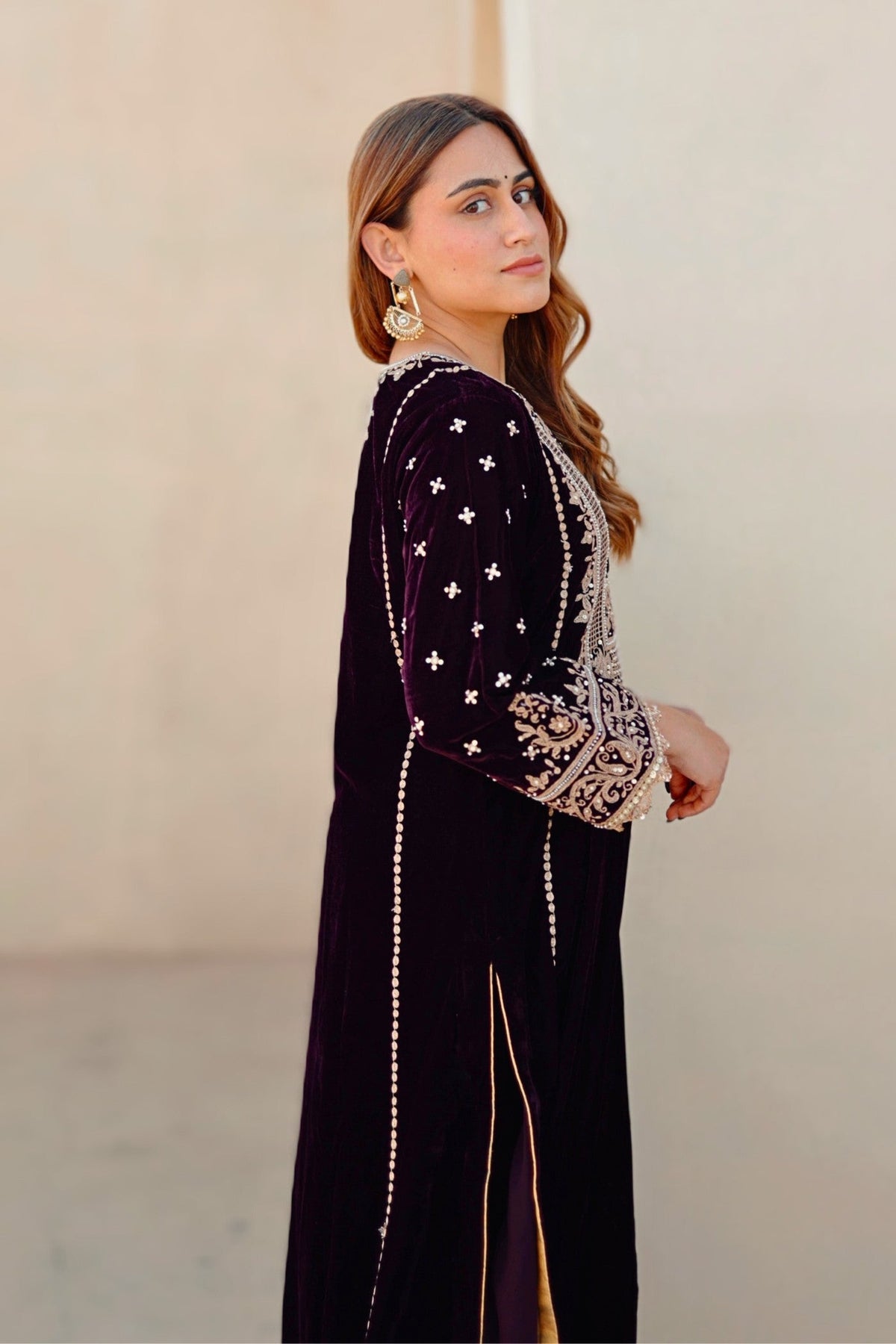Marya - Wine Silk Velvet Long A-line Kurta with Salwar