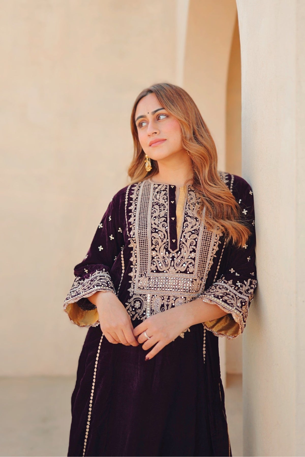 Marya - Wine Silk Velvet Long A-line Kurta with Salwar