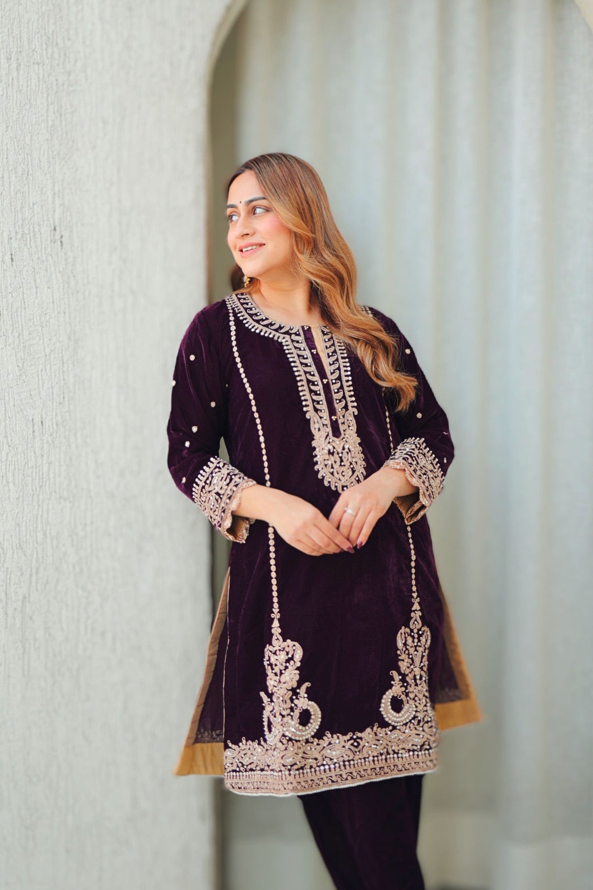 Ayat - Wine Silk Velvet Short Kurta with Salwar