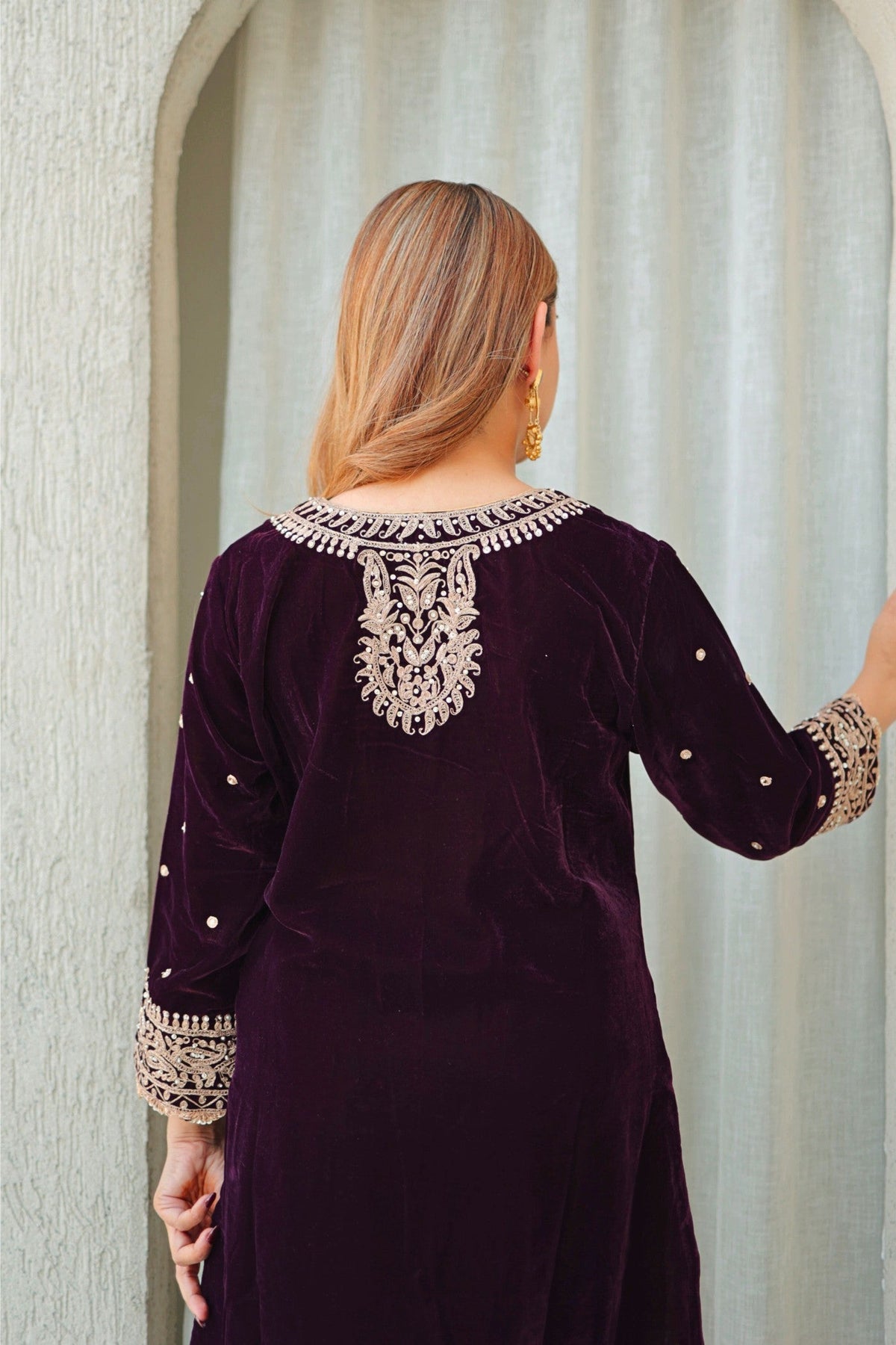 Ayat - Wine Silk Velvet Short Kurta with Salwar