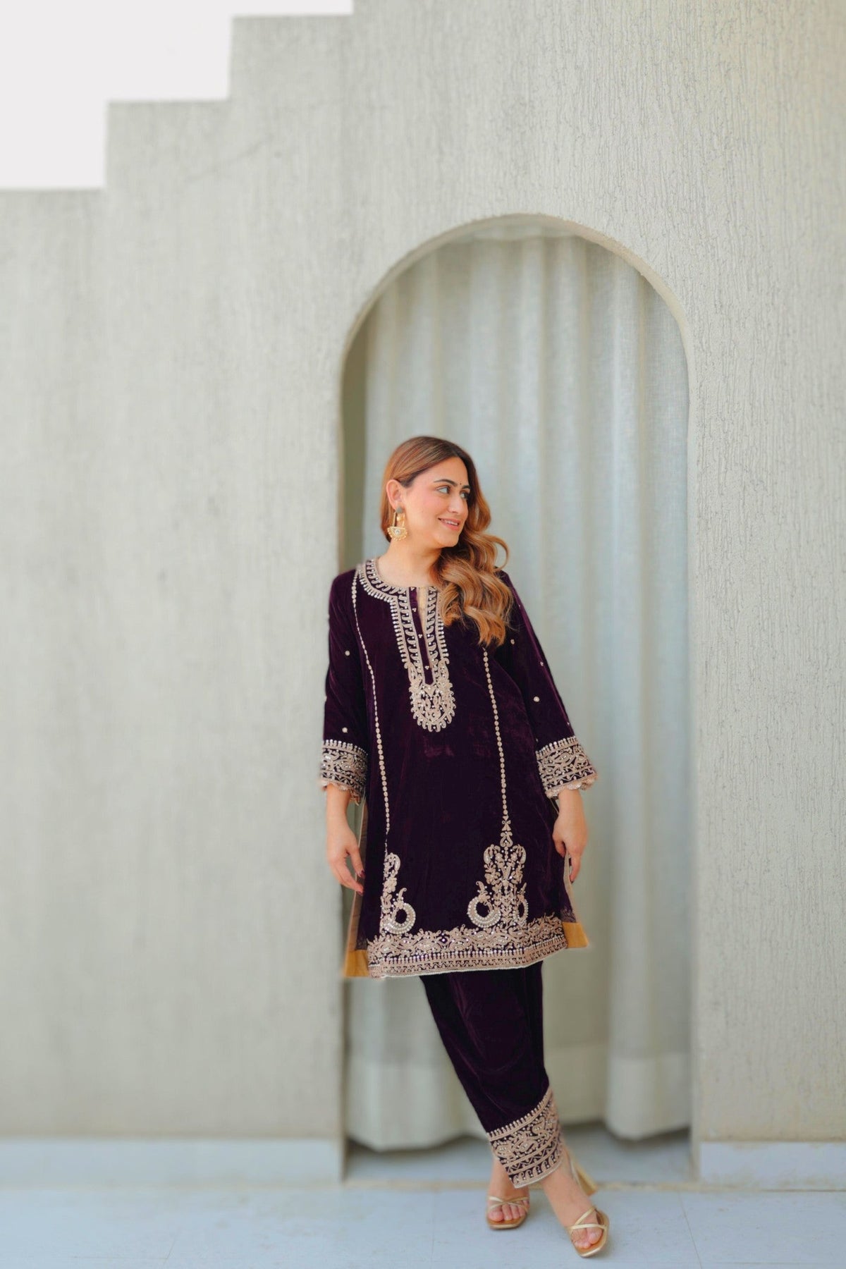 Ayat - Wine Silk Velvet Short Kurta with Salwar