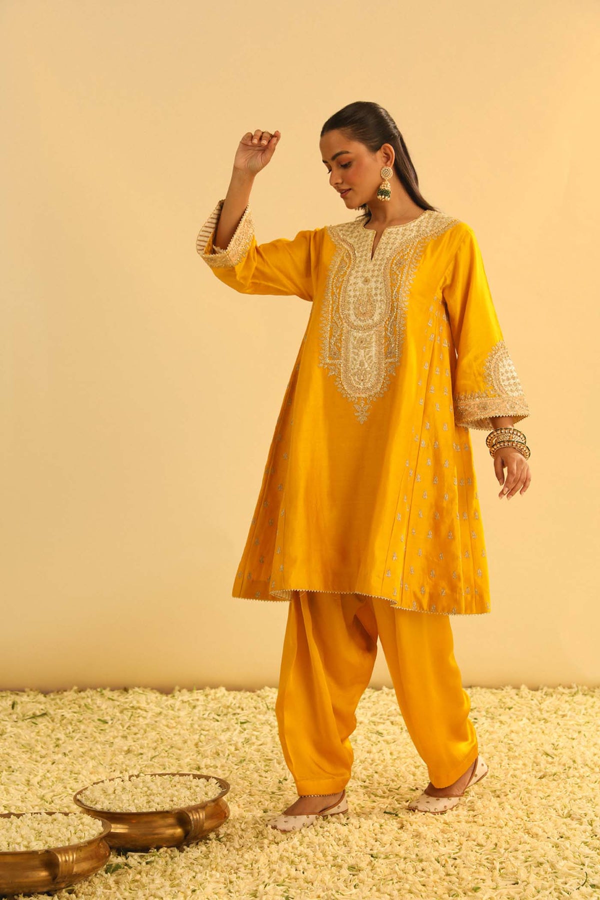 Arisana - Heirloom Mustard Short Kalidaar Choga with Salwar