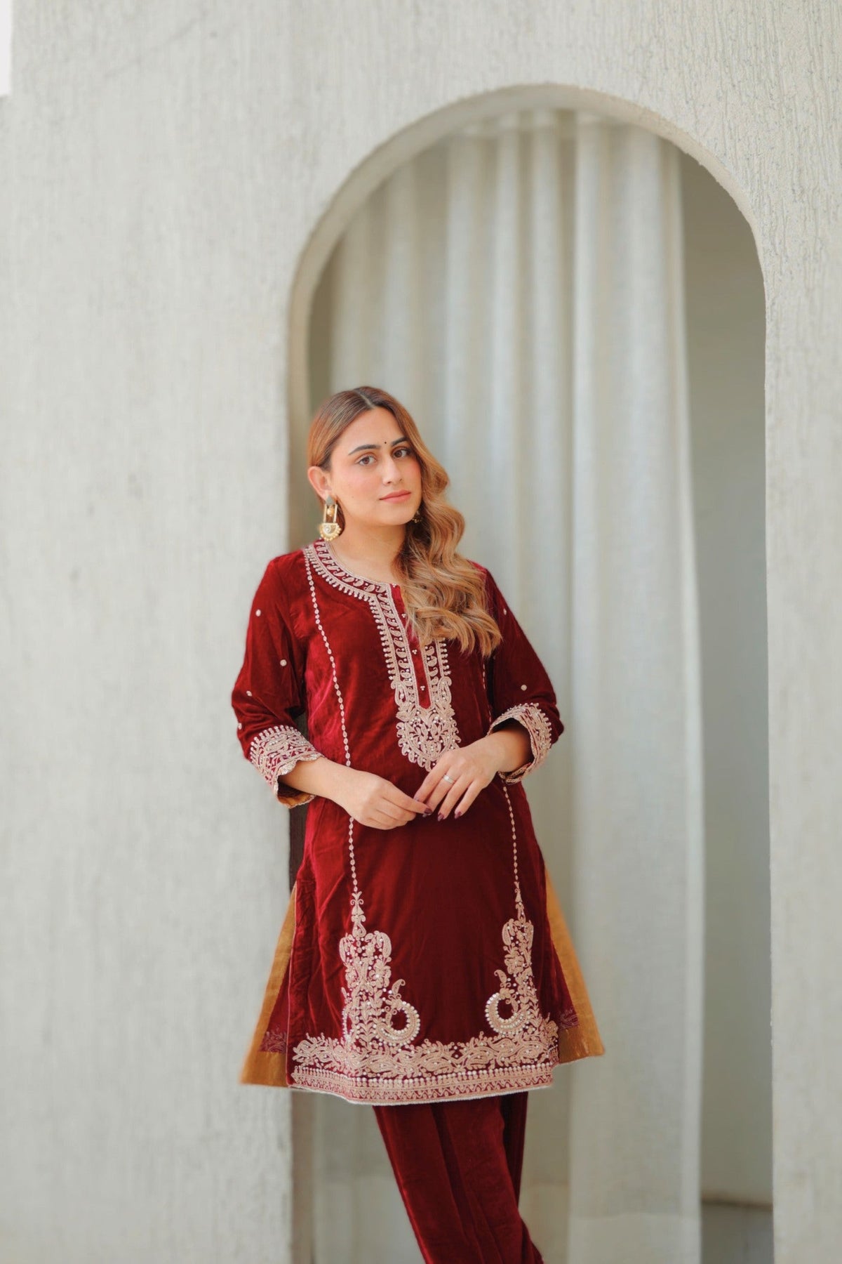 Ayat - Maroon Silk Velvet Short Kurta with Salwar