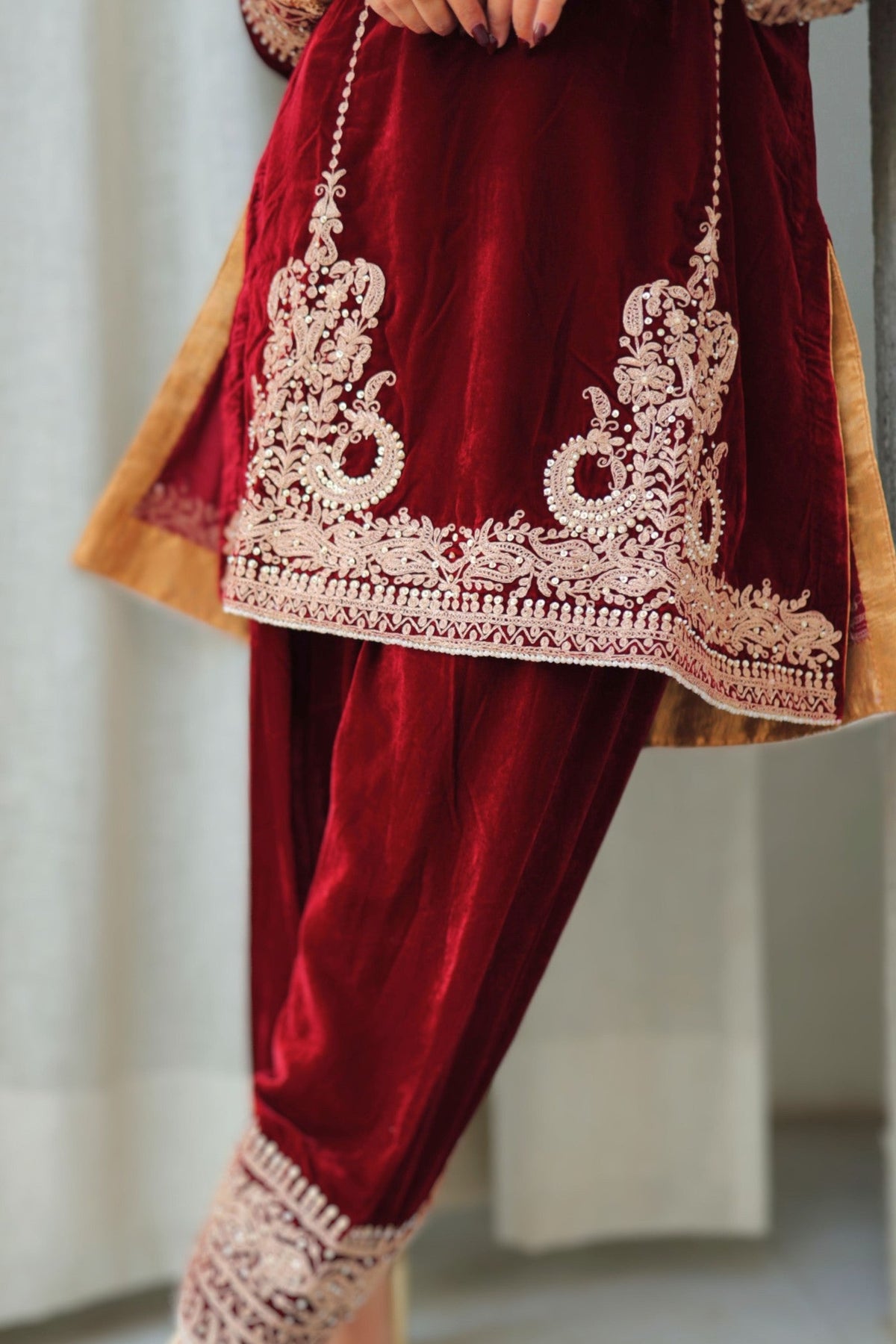 Ayat - Maroon Silk Velvet Short Kurta with Salwar