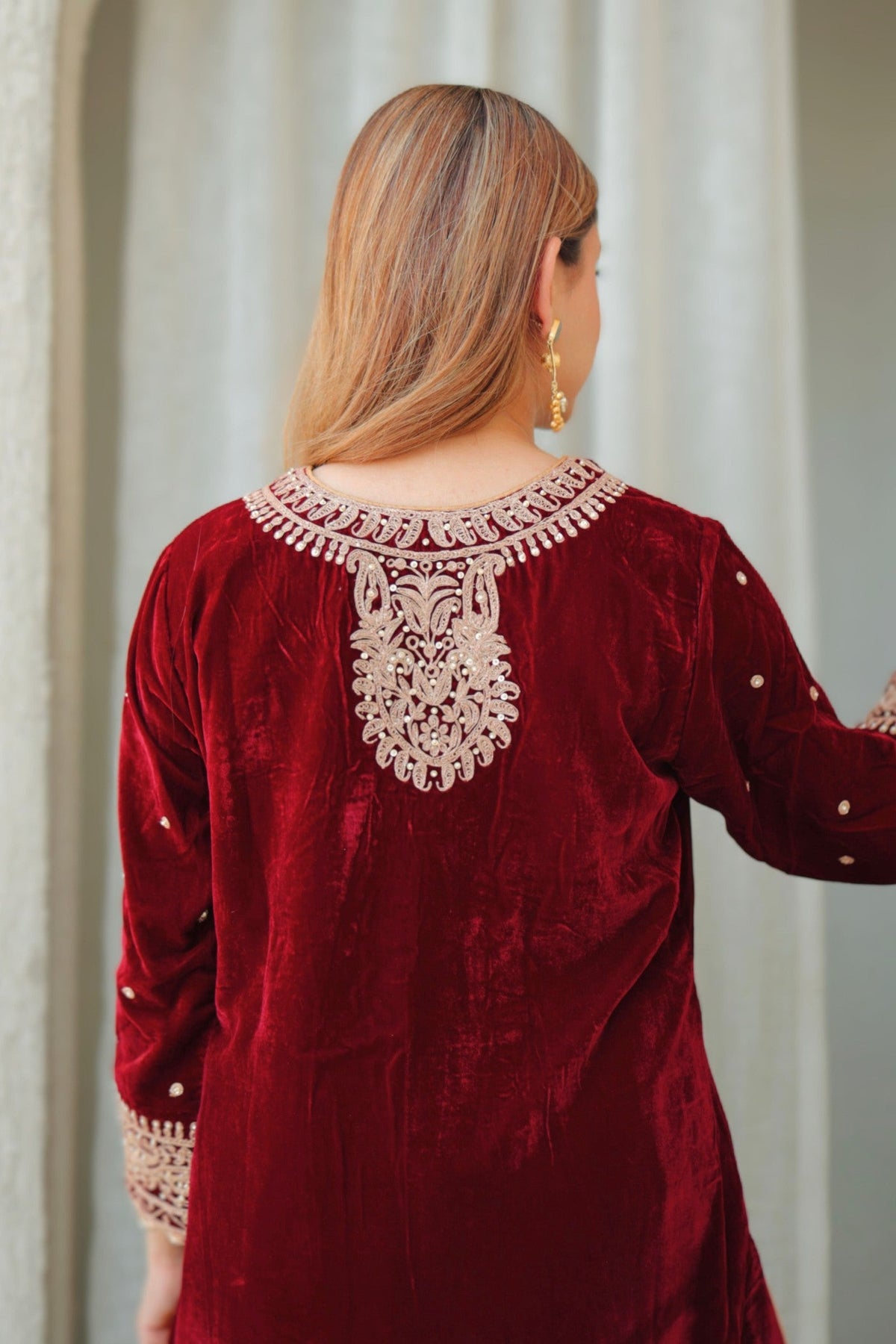 Ayat - Maroon Silk Velvet Short Kurta with Salwar