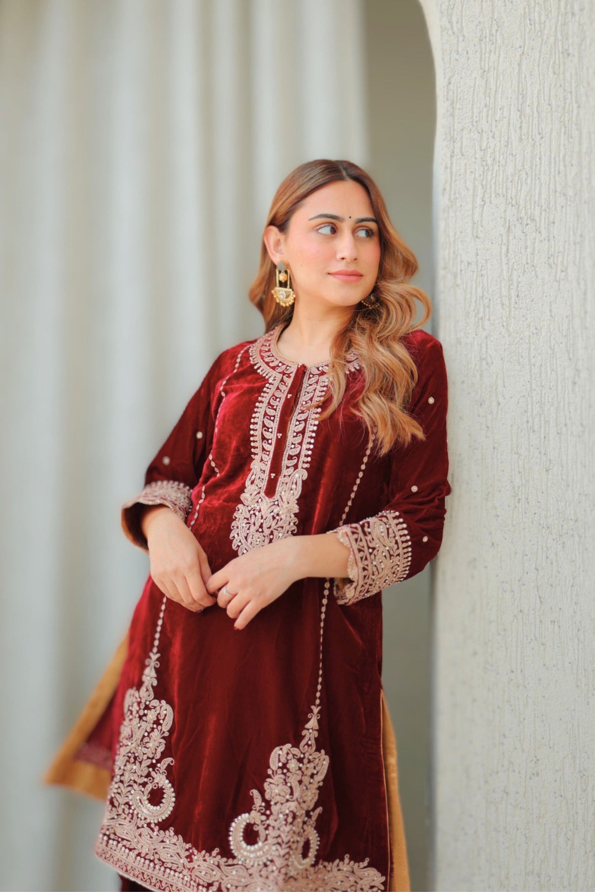 Ayat - Maroon Silk Velvet Short Kurta with Salwar