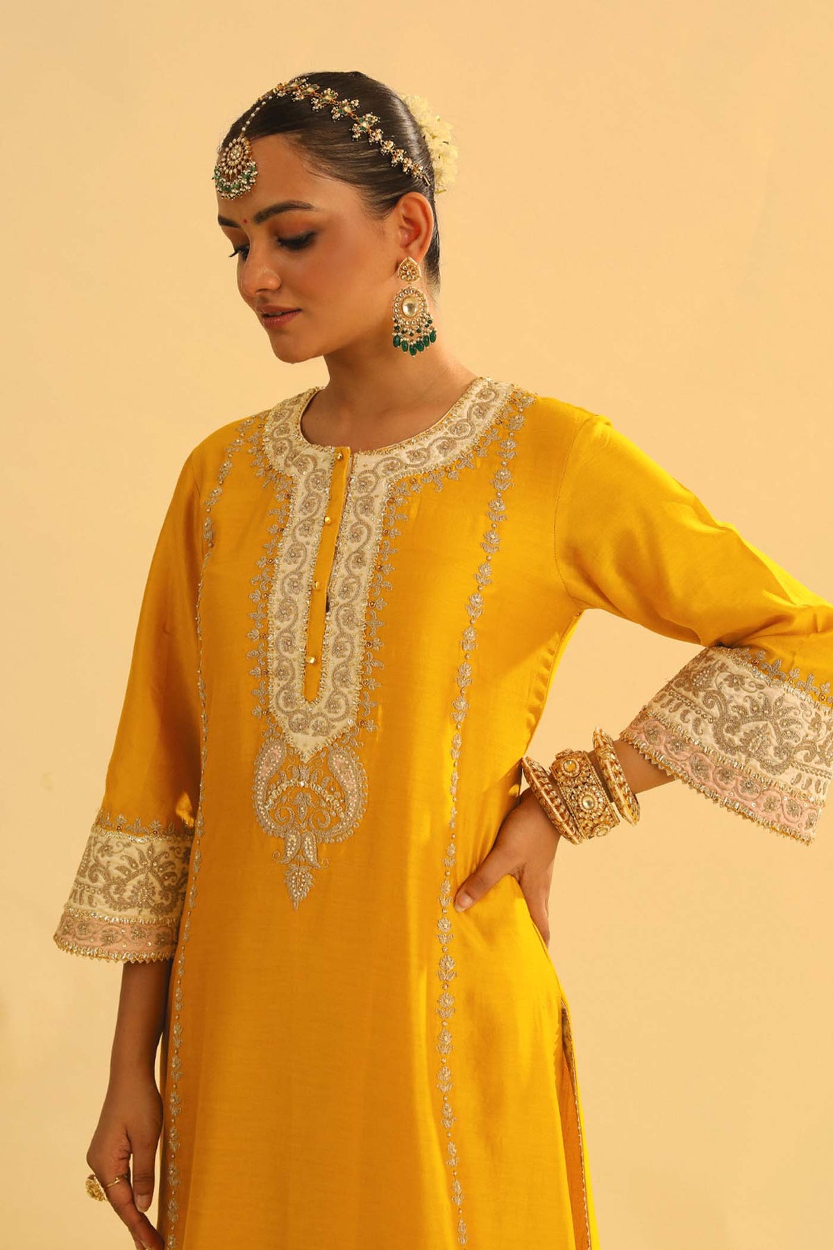 Asmira - Heirloom Mustard Long Kurta with Palazzo & Dupatta