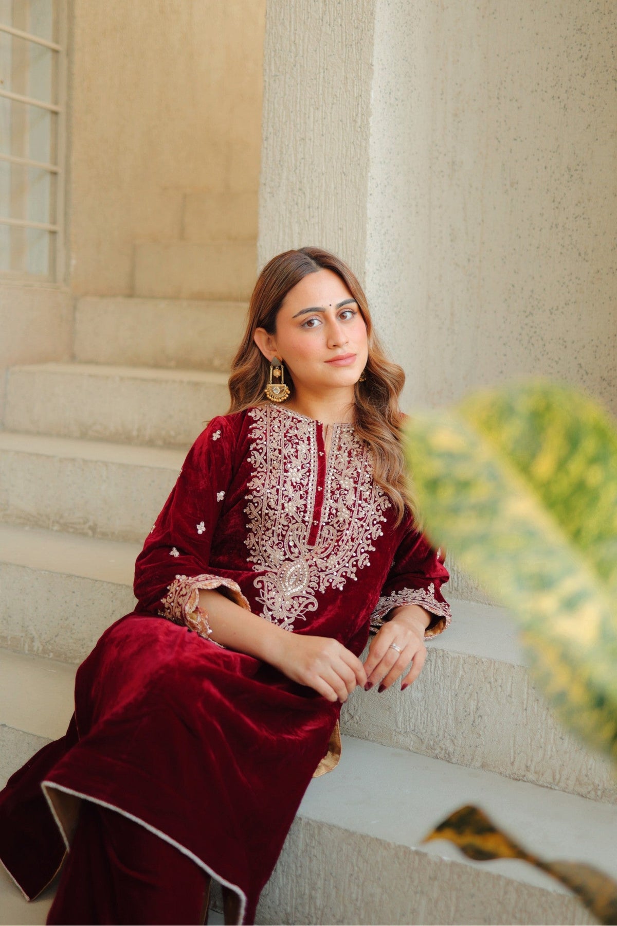 Naima - Maroon Silk Velvet Short Kurta with Salwar