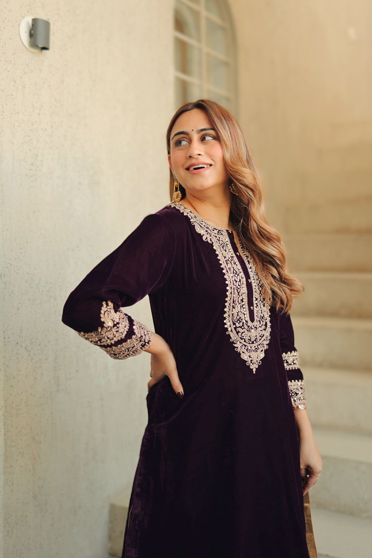 Zyra - Wine Silk Velvet Short Kurta with Salwar