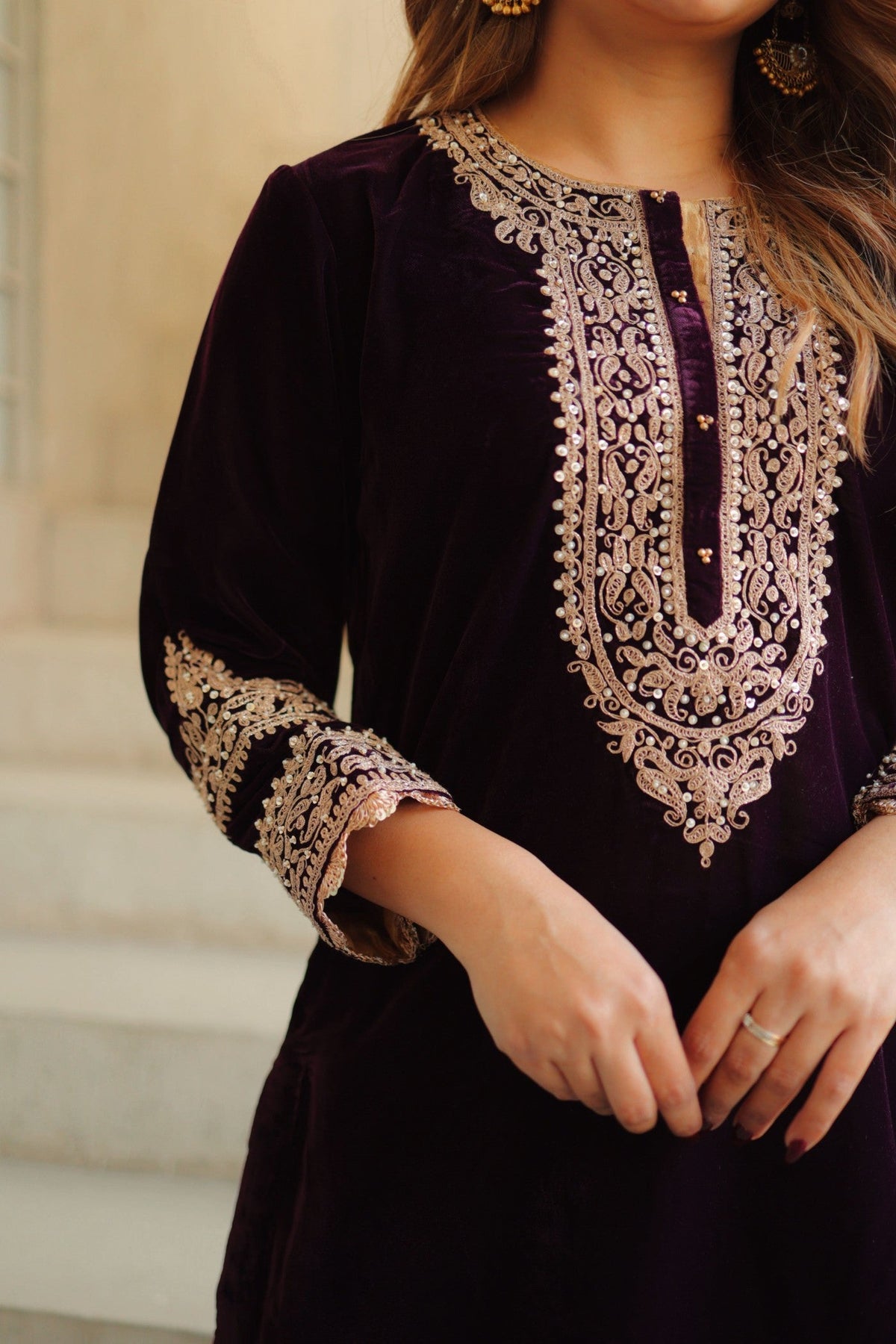 Zyra - Wine Silk Velvet Short Kurta with Salwar