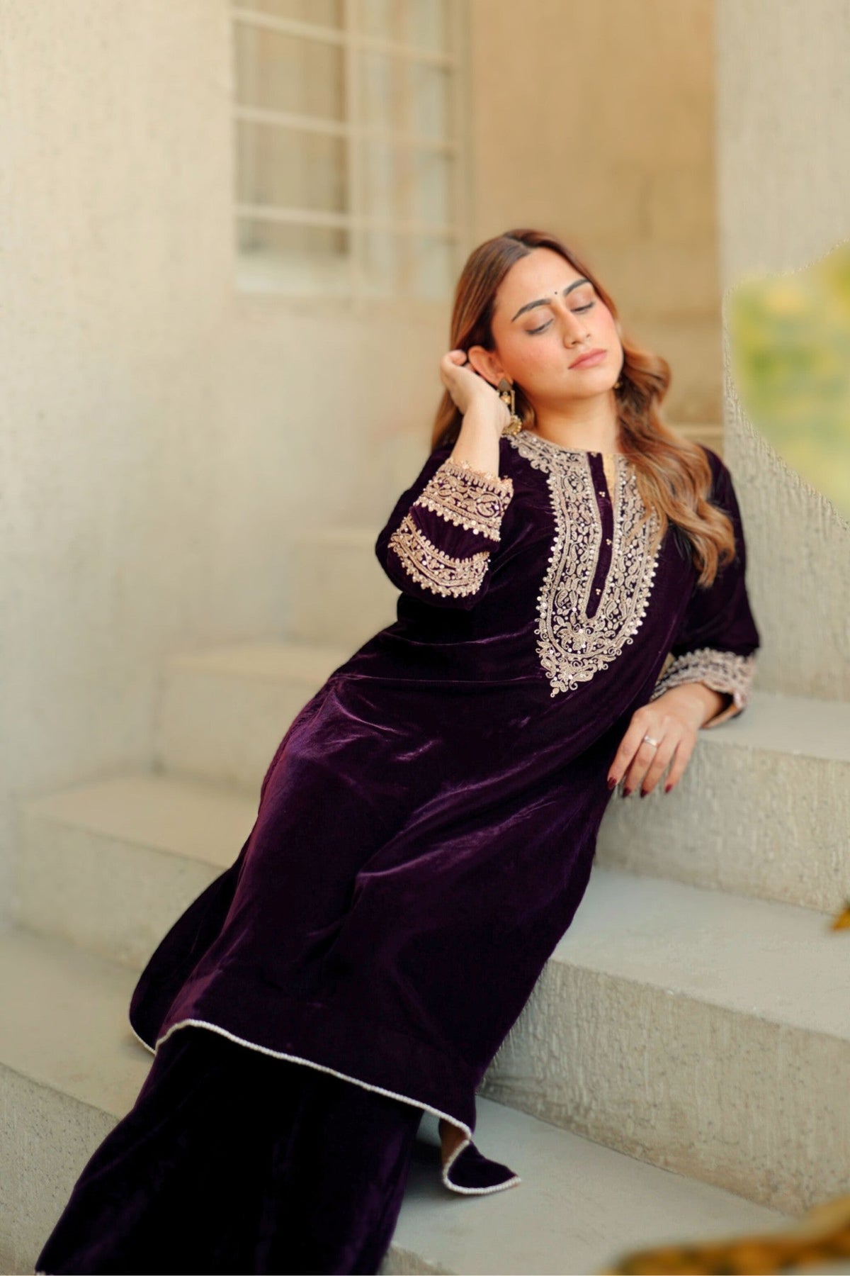 Zyra - Wine Silk Velvet Short Kurta with Salwar