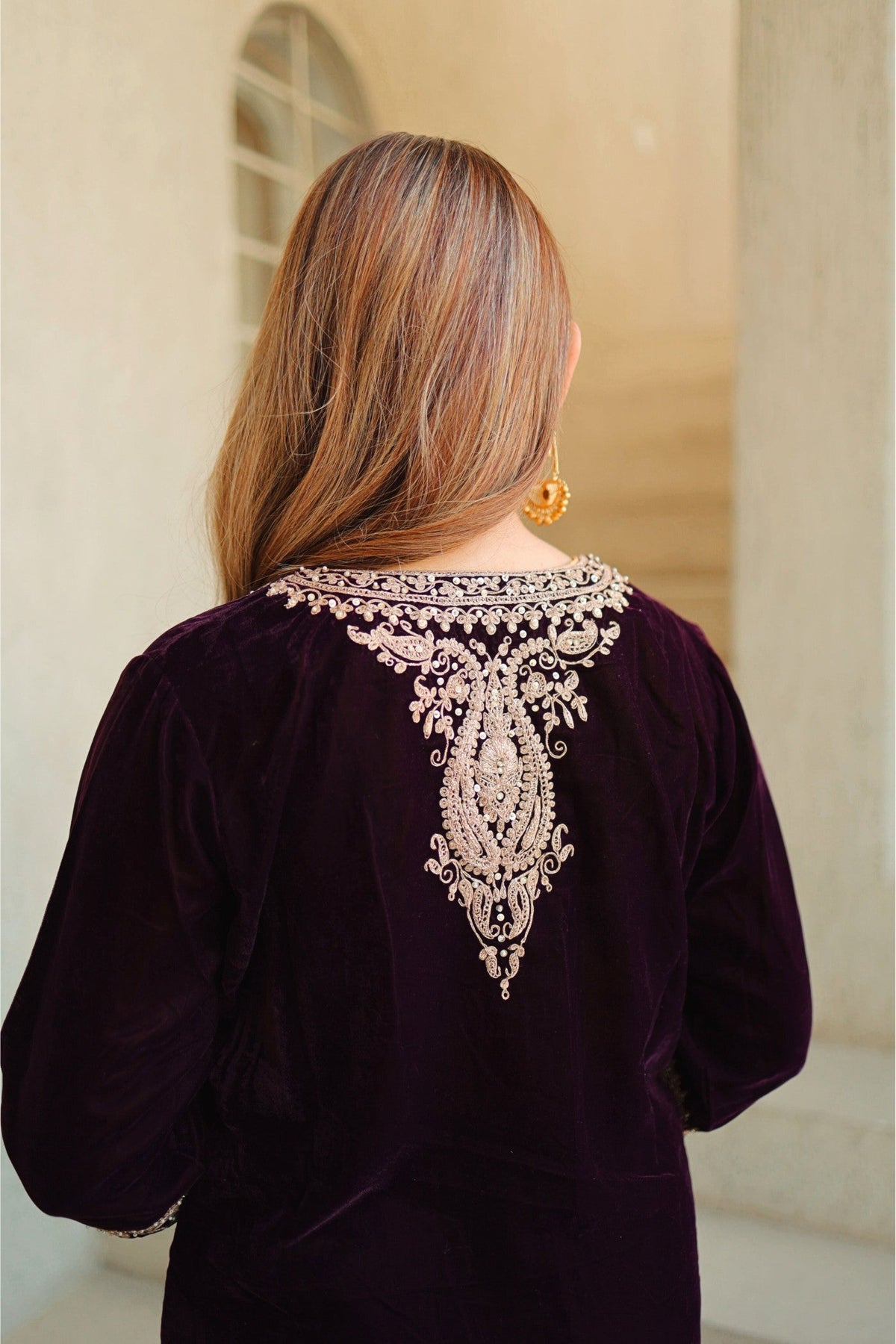 Zyra - Wine Silk Velvet Short Kurta with Salwar