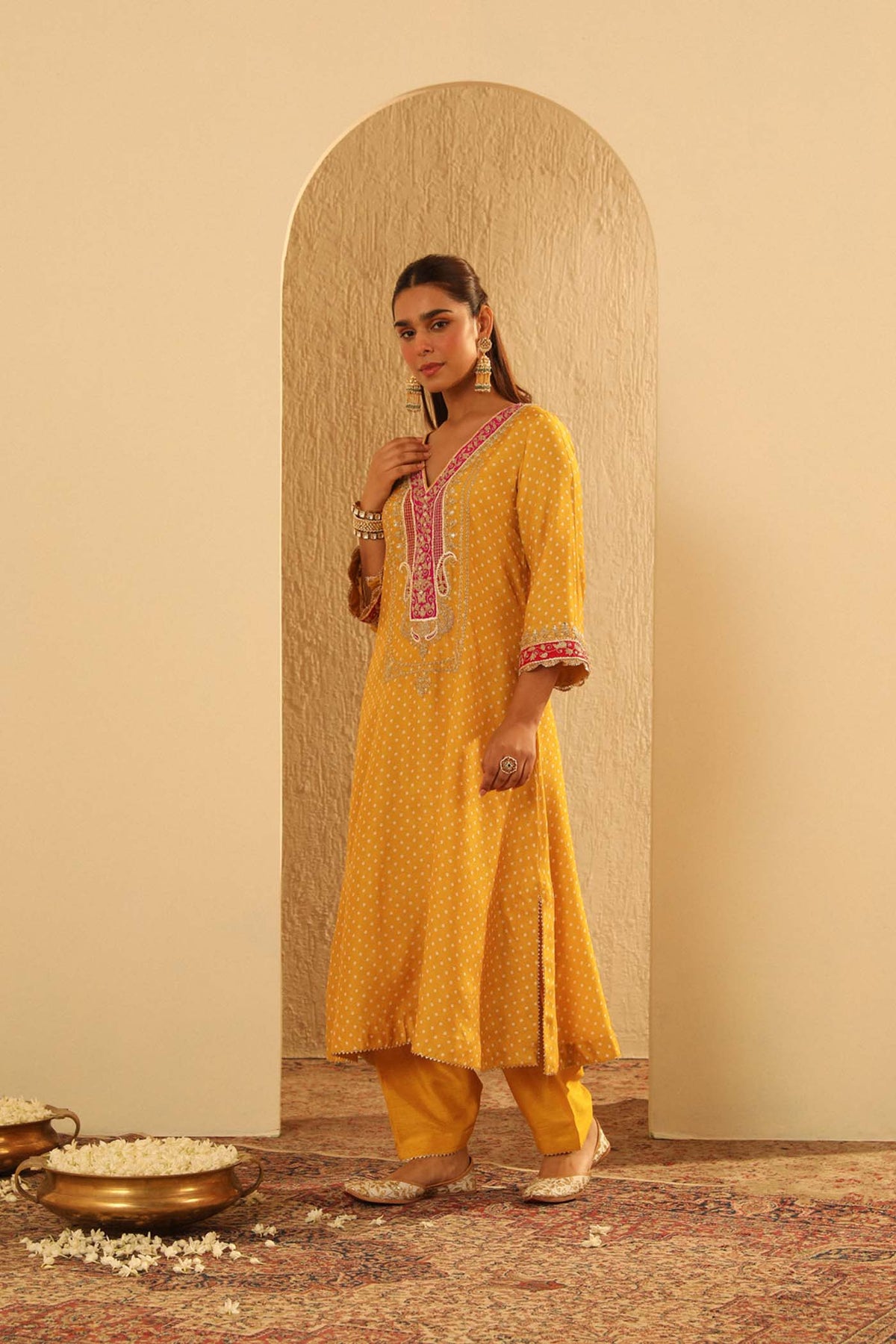 Siara - Heirloom Mustard Long A-line Choga with Salwar
