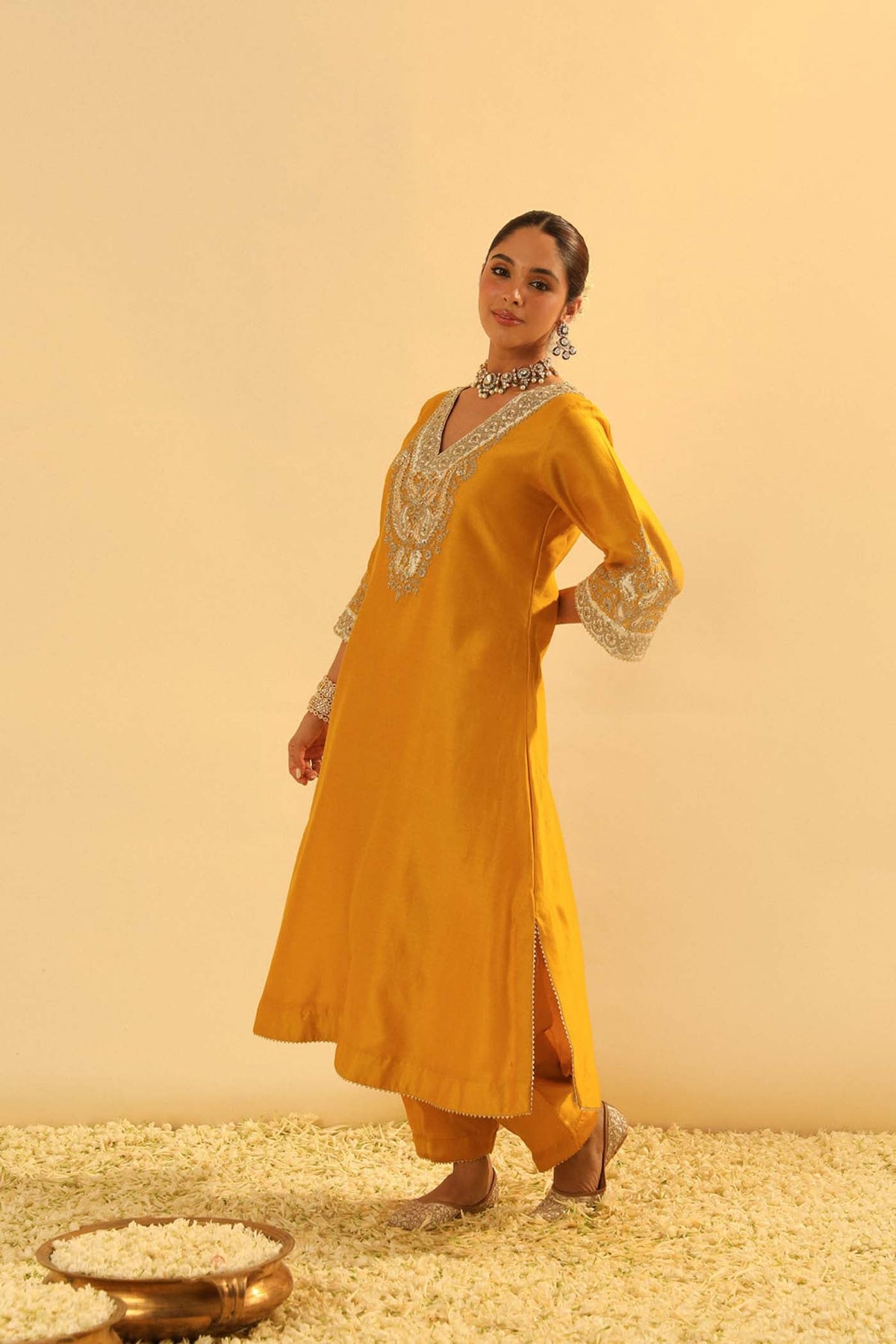 Shazana - Heirloom Mustard Long A-line Choga with Salwar