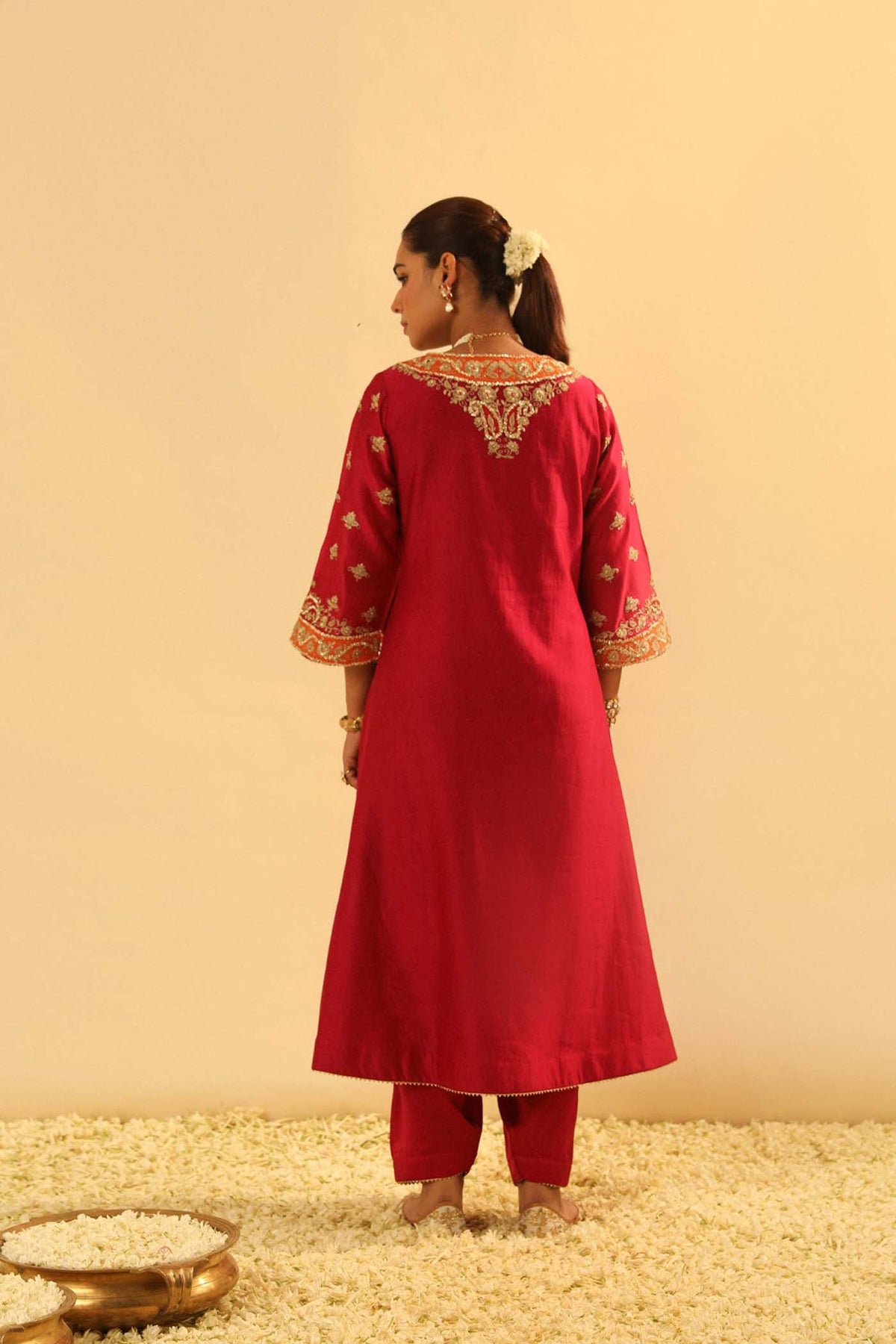 Alima - Red Long A-line Choga with Salwar