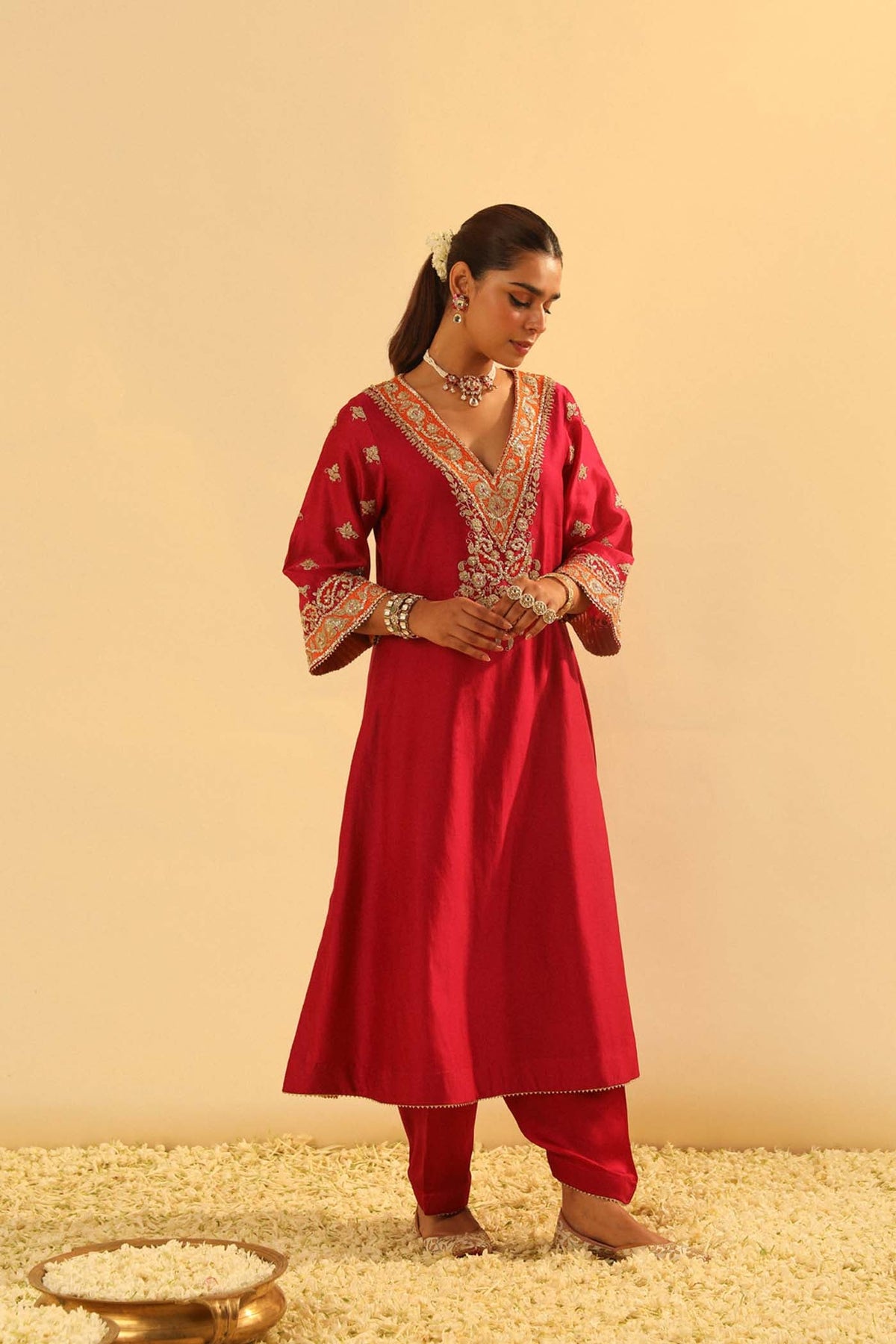 Alima - Red Long A-line Choga with Salwar