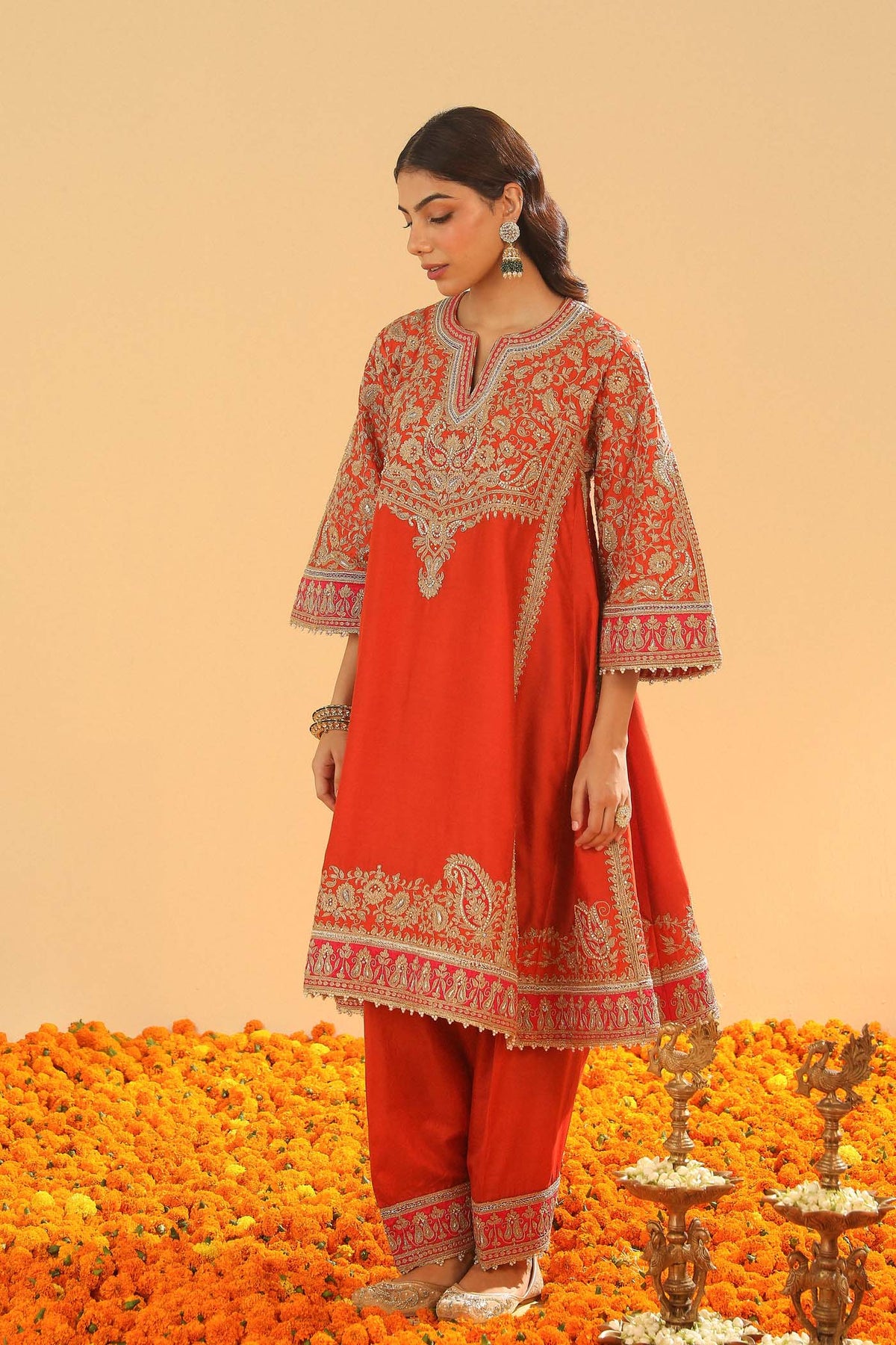 Irha - Burnt Orange Knee Length Kalidaar Chauga with Salwar (Lxrts)